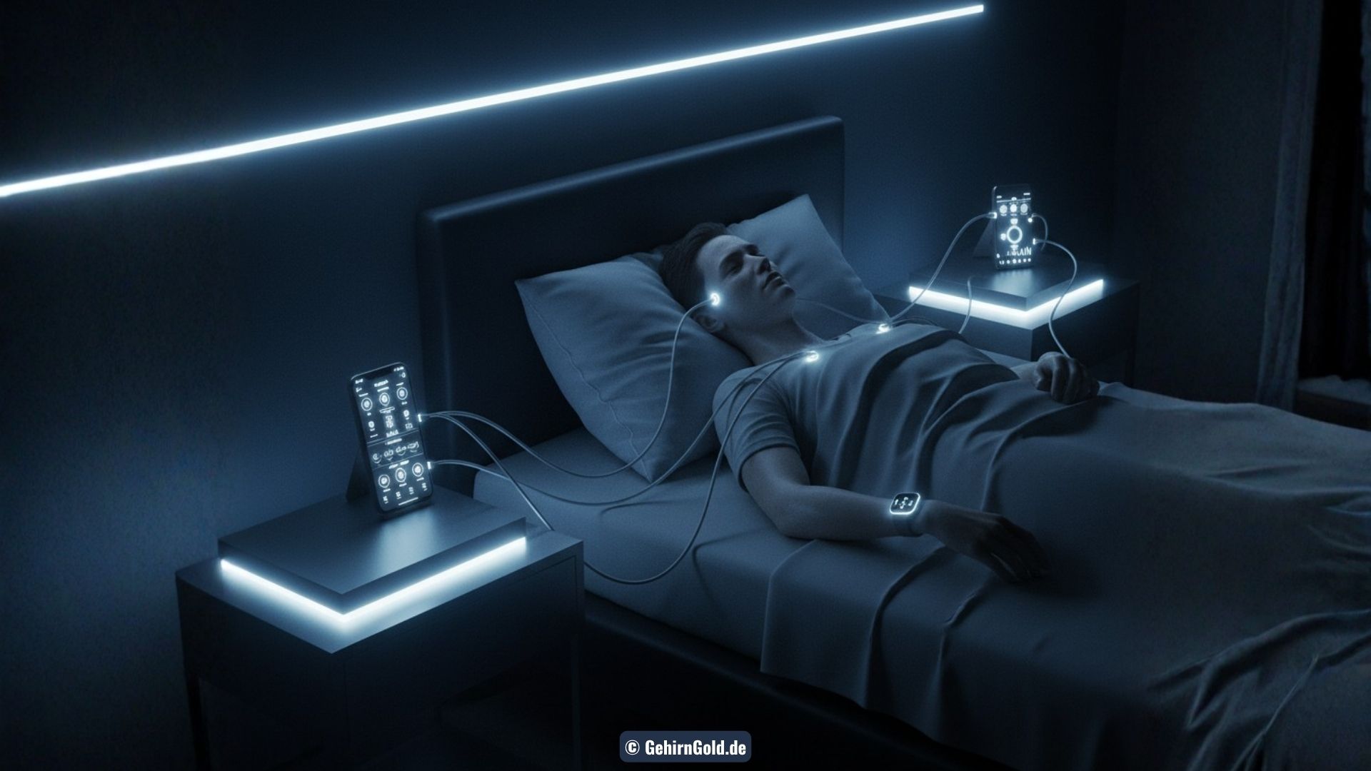 Eine futuristische Benutzeroberfläche mit leuchtenden Hologrammen von Uhren, Diagrammen und Daten, die das technische Management von Schlaf symbolisieren.