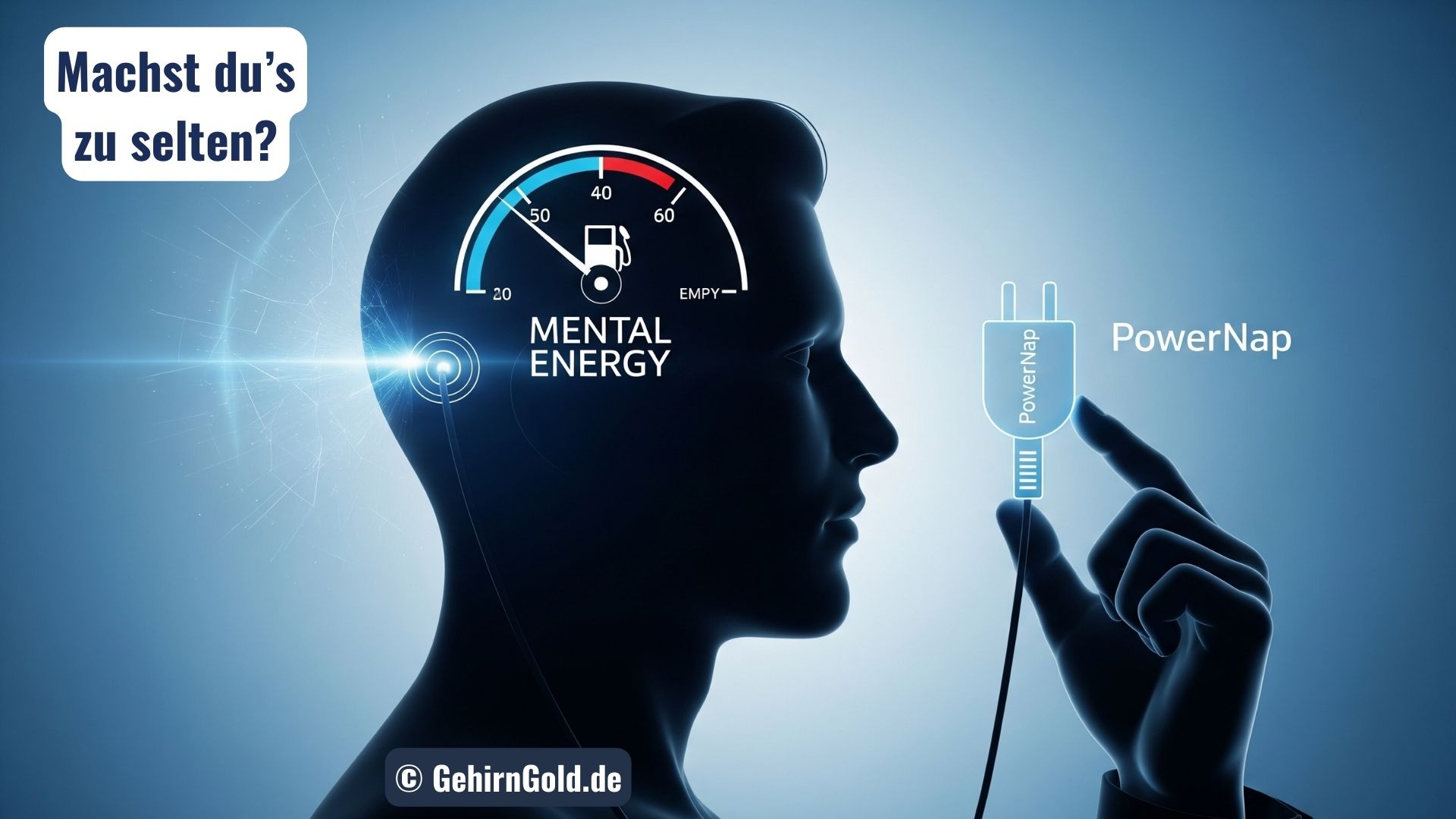 Metapher für bedarfsgerechten PowerNap: Eine Person lädt ihren Kopf mit einem blauen Energiestecker auf, während eine Tankanzeige auf 'Leer' steht.