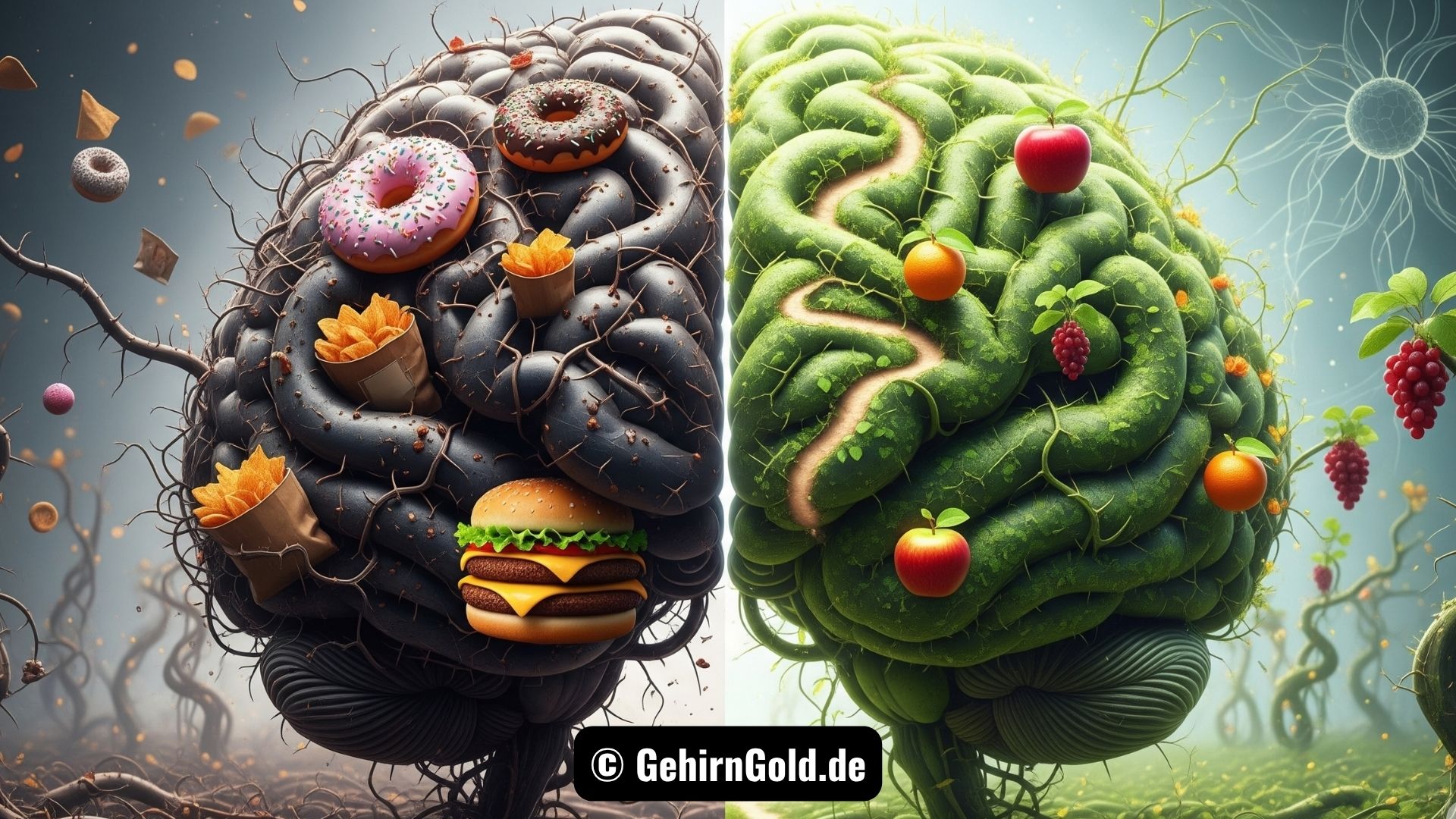 Ein geteiltes Bild zeigt links ein chaotisches Gehirn mit Junkfood und rechts ein gesundes Gehirn mit Früchten.