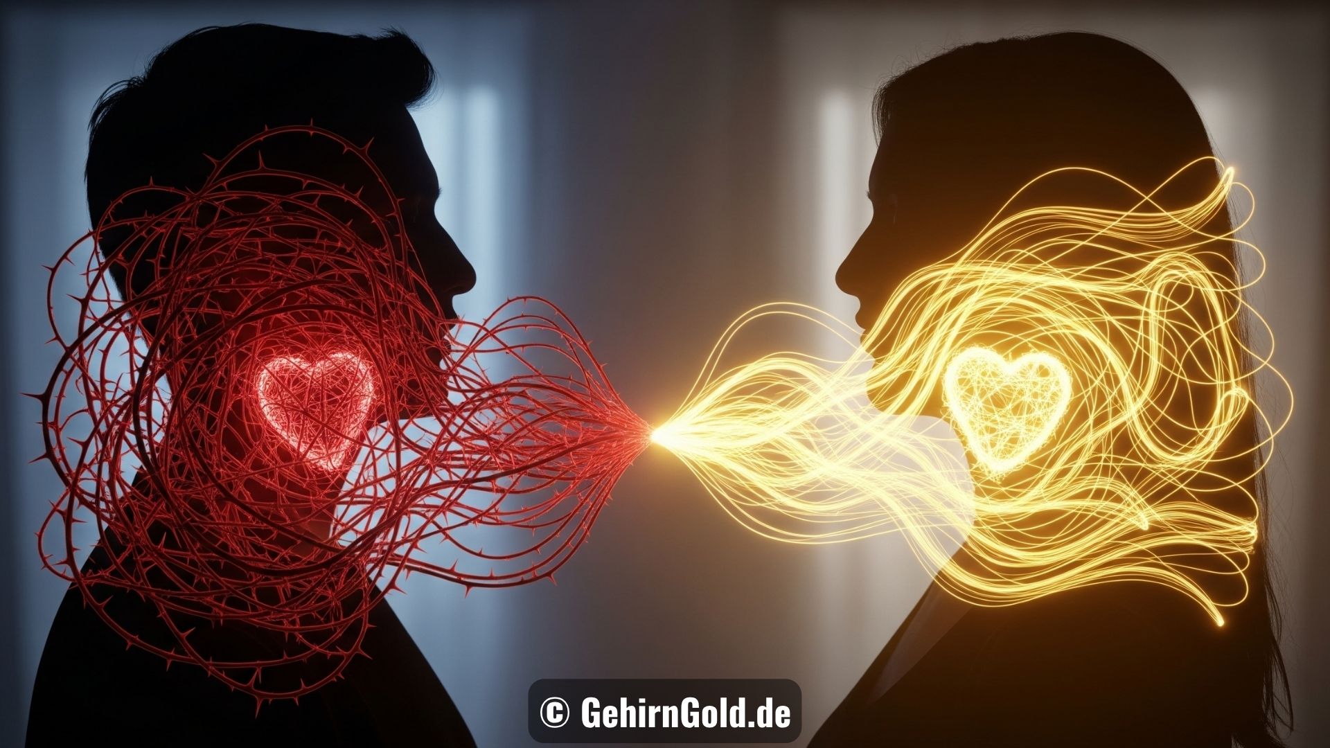 Zwei stilisierte Silhouetten, bei denen sich ein chaotisches rotes Netzwerk zwischen ihnen in eine harmonische goldene Verbindung verwandelt.