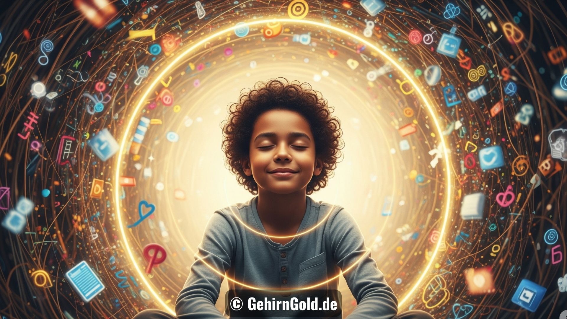 Ein Kind sitzt mit geschlossenen Augen in einer leuchtenden Aura, die es vor dem äußeren Chaos schützt.