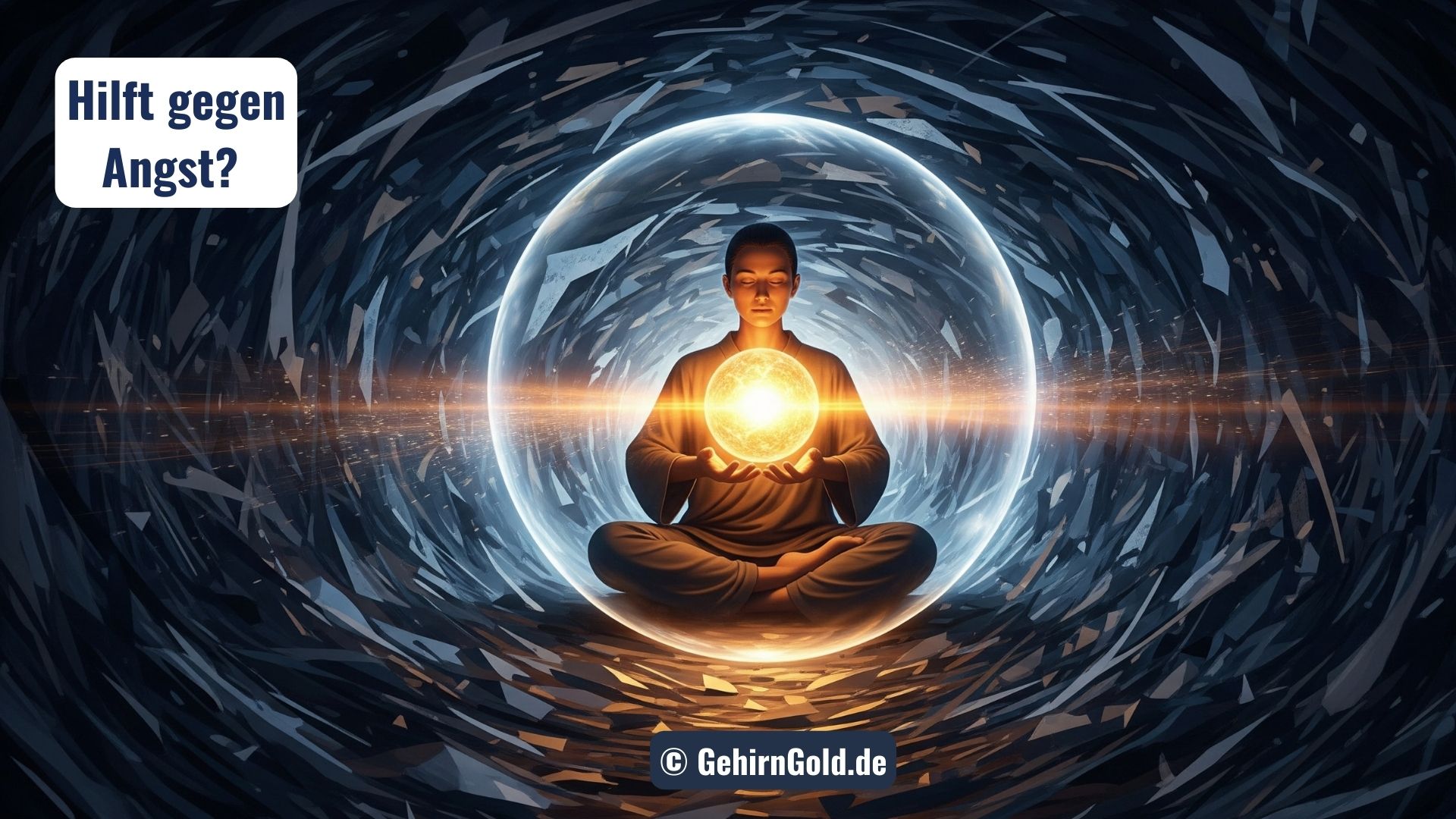 Eine Person sitzt ruhig inmitten eines Sturms aus Angst und schafft eine schützende Sphäre aus Licht.