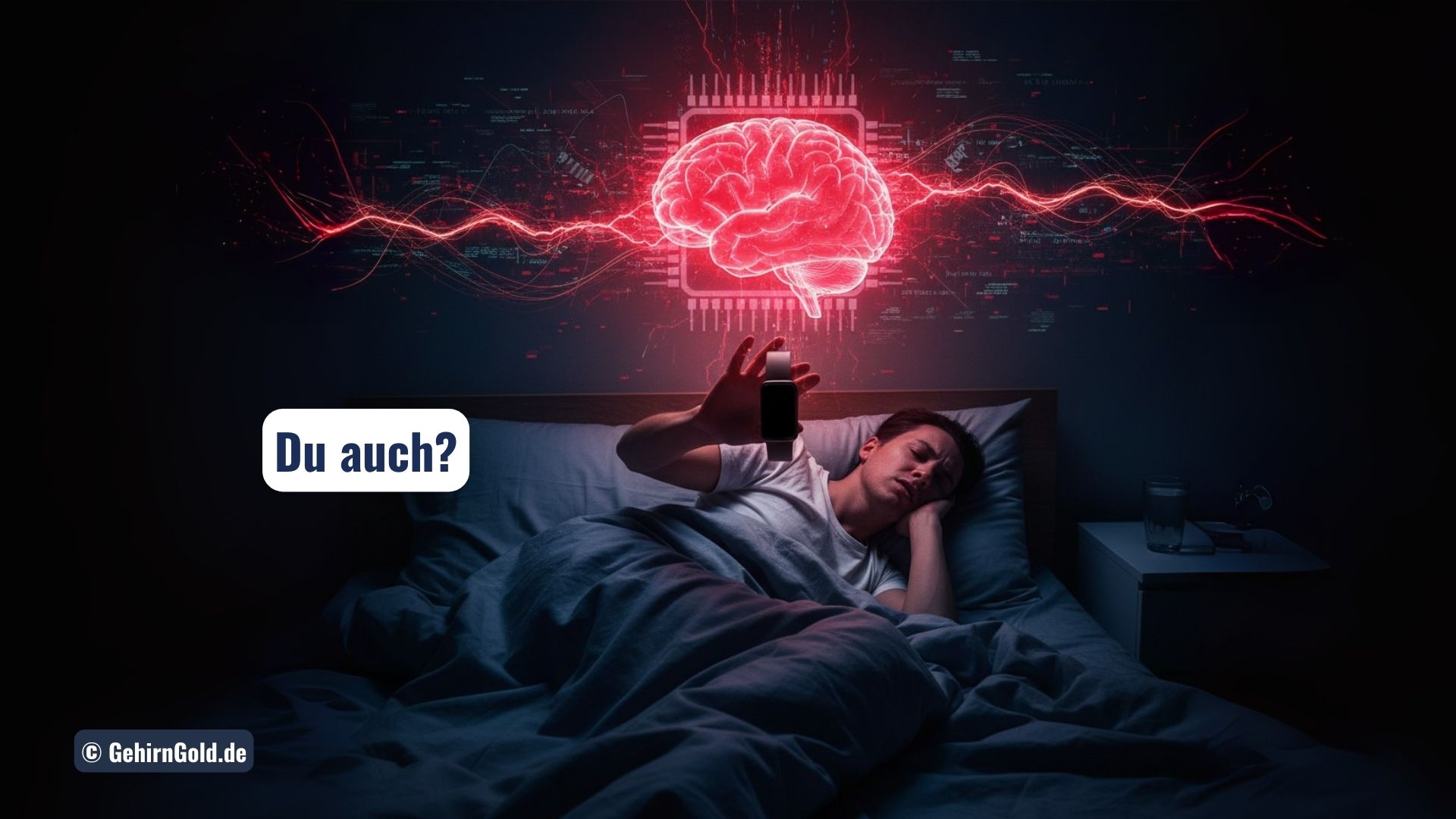 Eine Person liegt im Bett und kämpft vergeblich gegen ihr überaktives Gehirn, das als rot glühender Prozessor dargestellt wird.