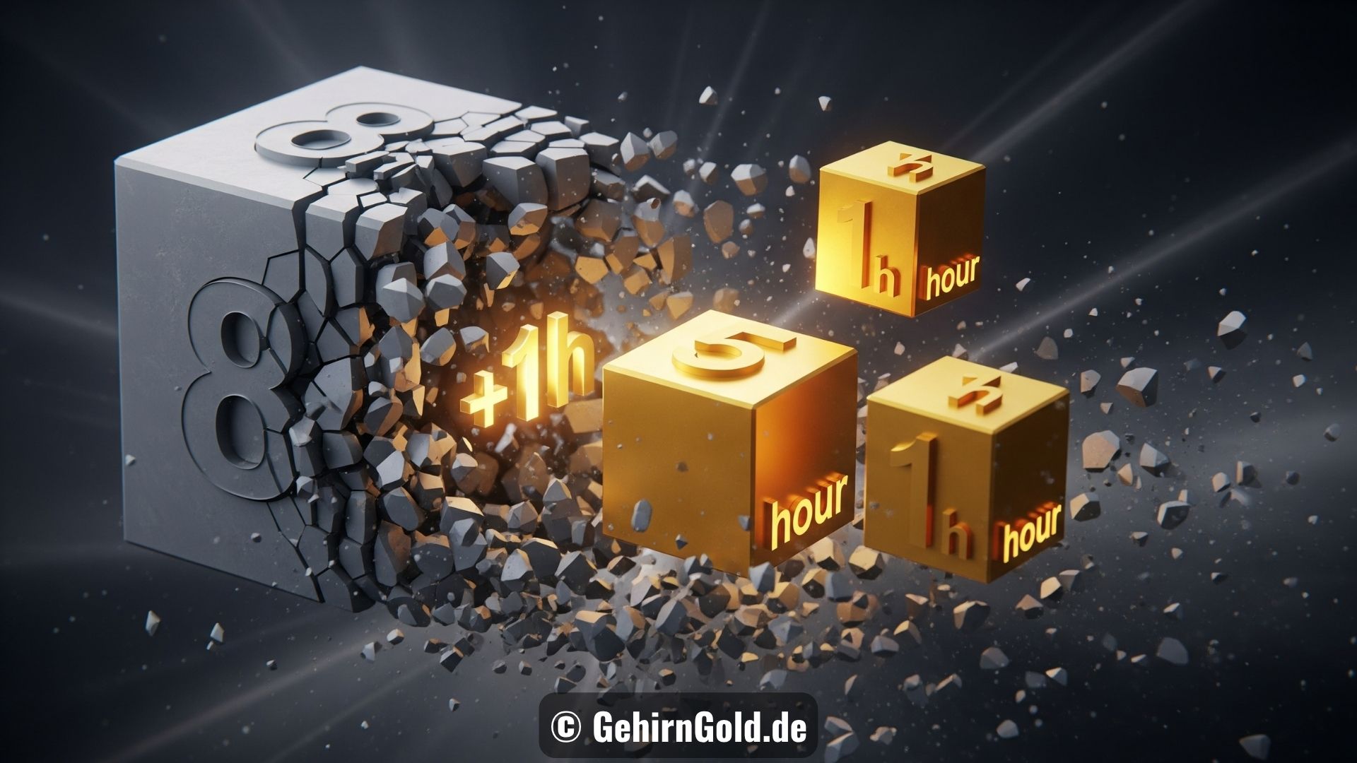 Ein starrer 8-Stunden-Block zerbricht und formt sich neu zu einem 5-Stunden- und zwei 1-Stunden-Blöcken, was einen Zeitgewinn symbolisiert.