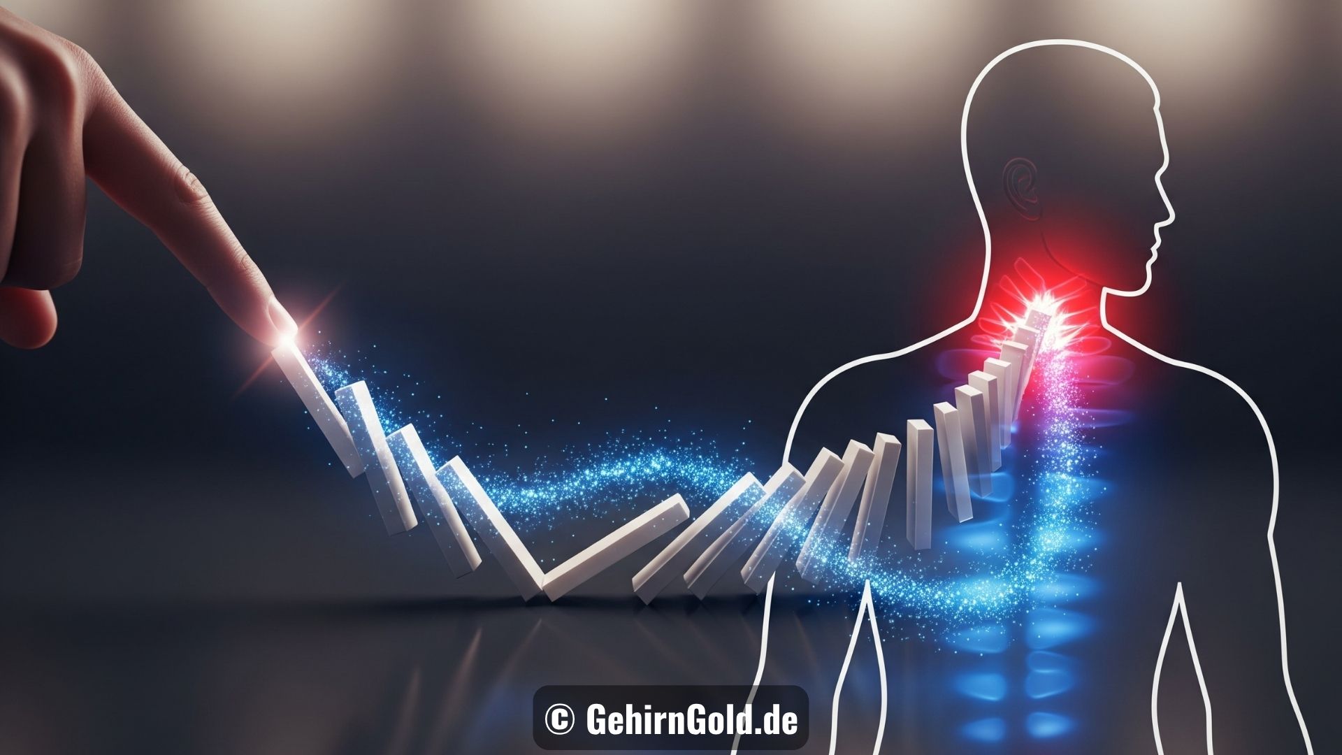 Ein Finger stößt einen Domino-Stein an, der eine Kettenreaktion durch einen stilisierten Körper auslöst und verspannte Bereiche heilt.