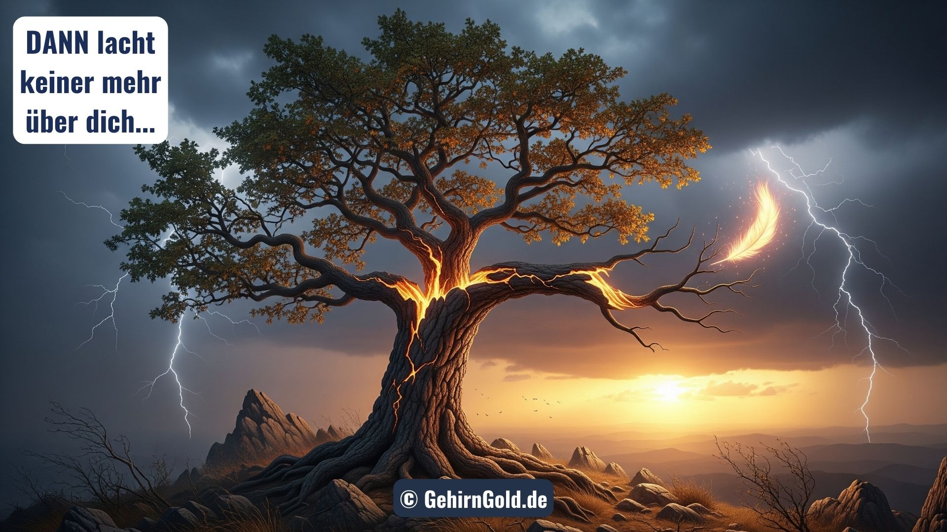 Metapher für Resilienz: Eine starke Eiche mit golden leuchtenden Rissen trotzt einem Sturm auf einem Berggipfel.