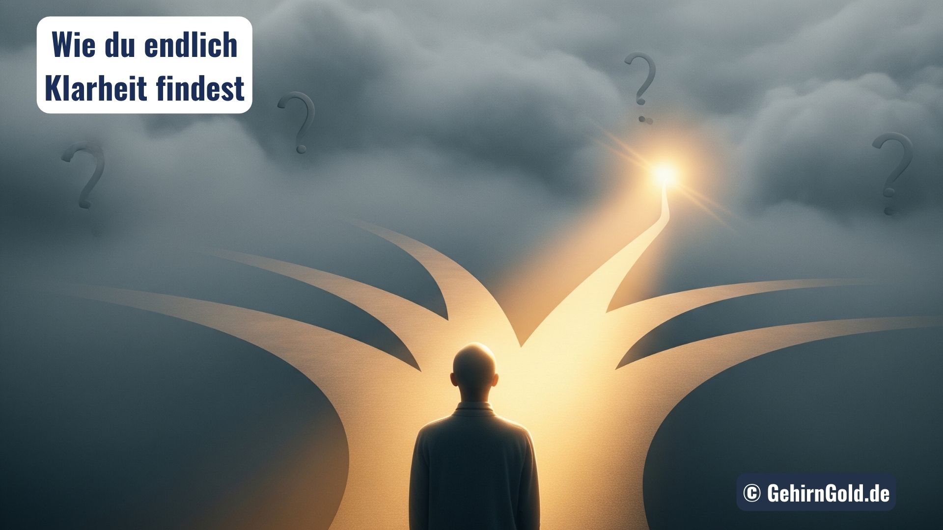 Eine Person blickt auf einen von Nebel umgebenen Weg, der von einem Sonnenstrahl erhellt wird, als Symbol für Zukunftsklarheit.