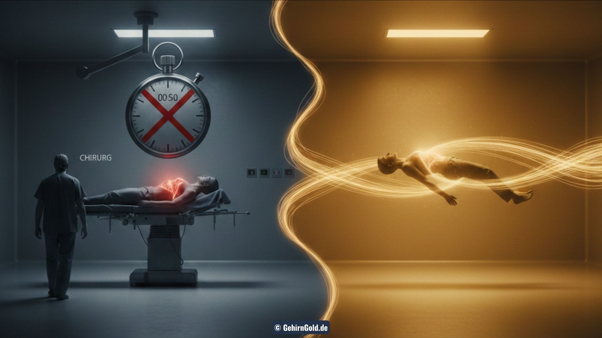 Transformation: Links ein steriler OP mit Stoppuhr auf Rot (Abbruch). Rechts eine goldene Kammer mit unendlichem Lichtstrom (Immersion).