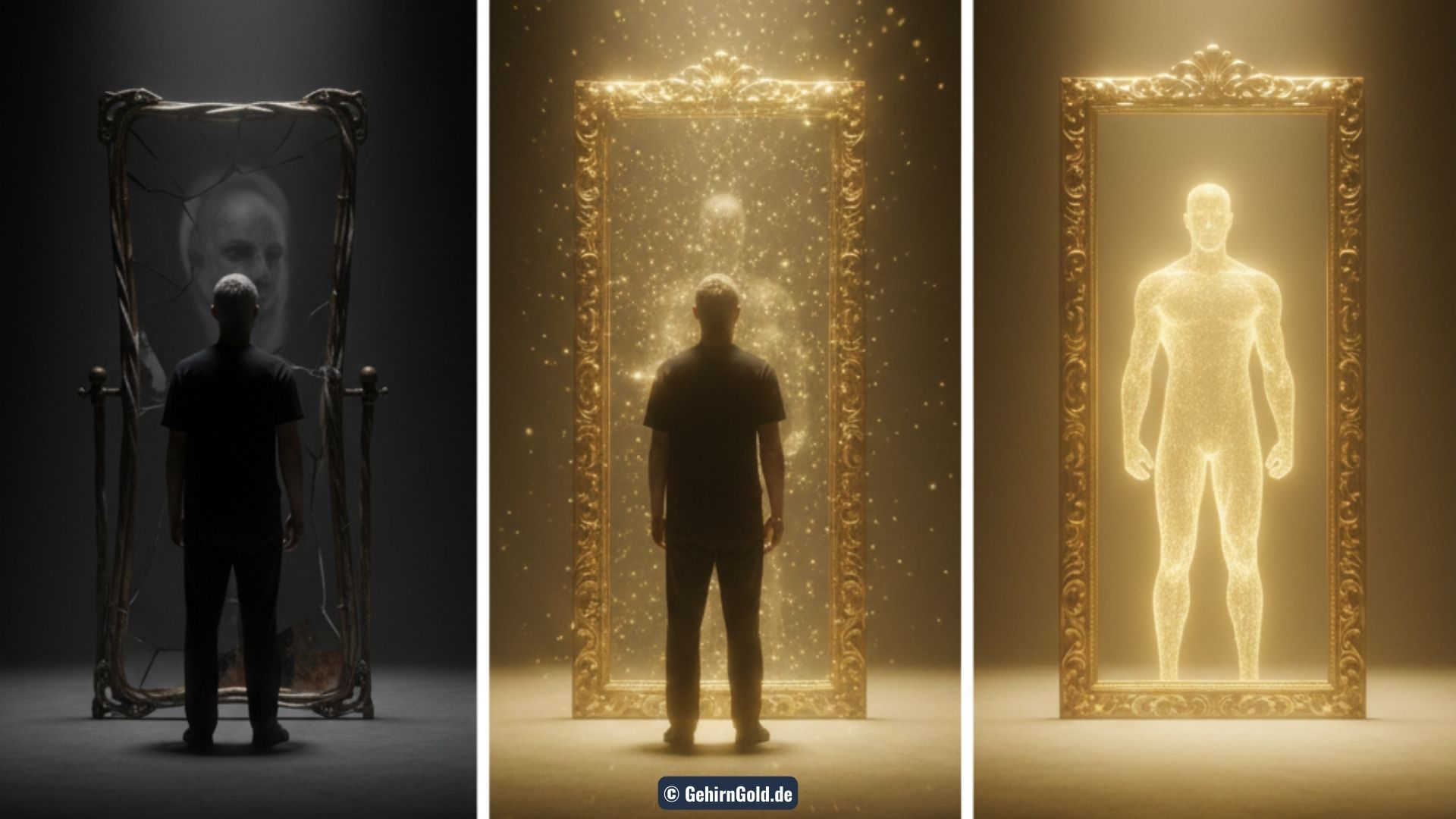 Transformation: Links ein verzerrtes Spiegelbild in einem rissigen Spiegel. Rechts ein klares, leuchtendes Bild des Wahren Selbst in einem goldenen Rahmen.