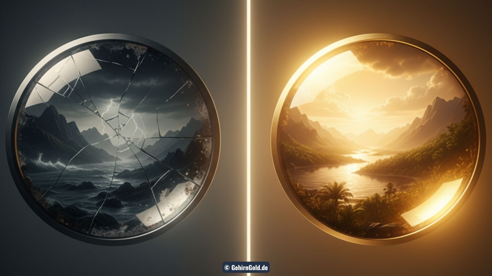 Eine Transformation einer dunklen, verzerrten Glaslinse, die eine stürmische Landschaft zeigt, zu einer klaren, goldenen Linse, die dieselbe Landschaft sonnig und voller Möglichkeiten darstellt.