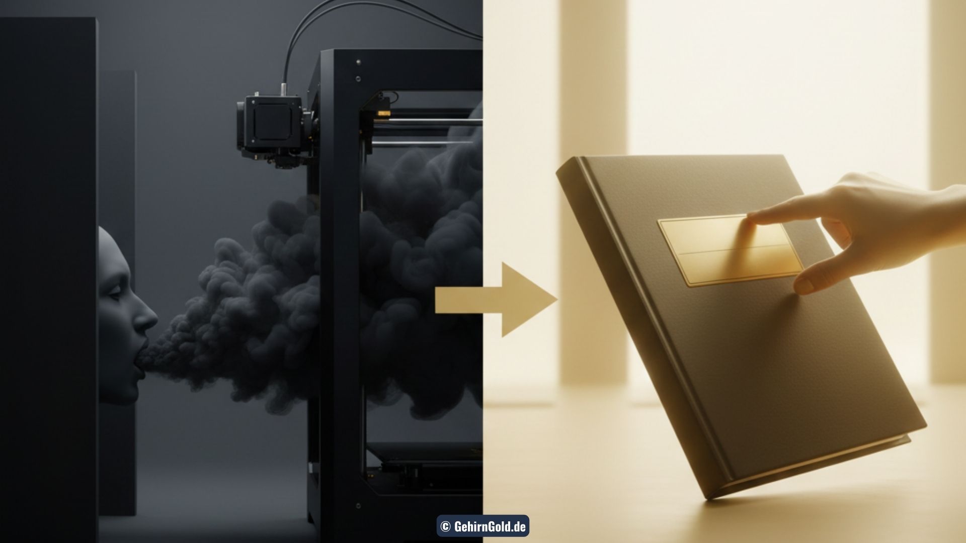 Transformation: Links speit ein Mund Rauch, den ein 3D-Drucker zu Mauern verarbeitet (Problem verstärken). Rechts klebt eine Hand ein goldenes Etikett auf eine Akte (Headline-Methode).