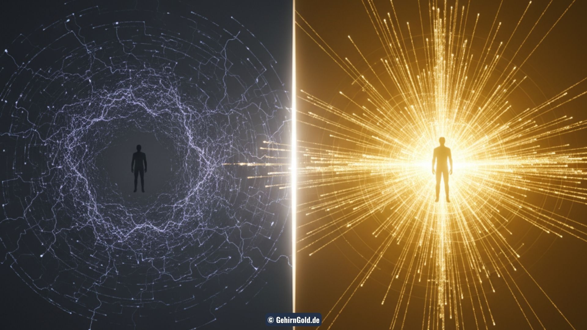 Eine Transformation von einem chaotischen, dunklen Datennetzwerk zu einem geordneten, goldenen Hub, an dem alle Linien zusammenlaufen. Symbol für digitale Autorität.