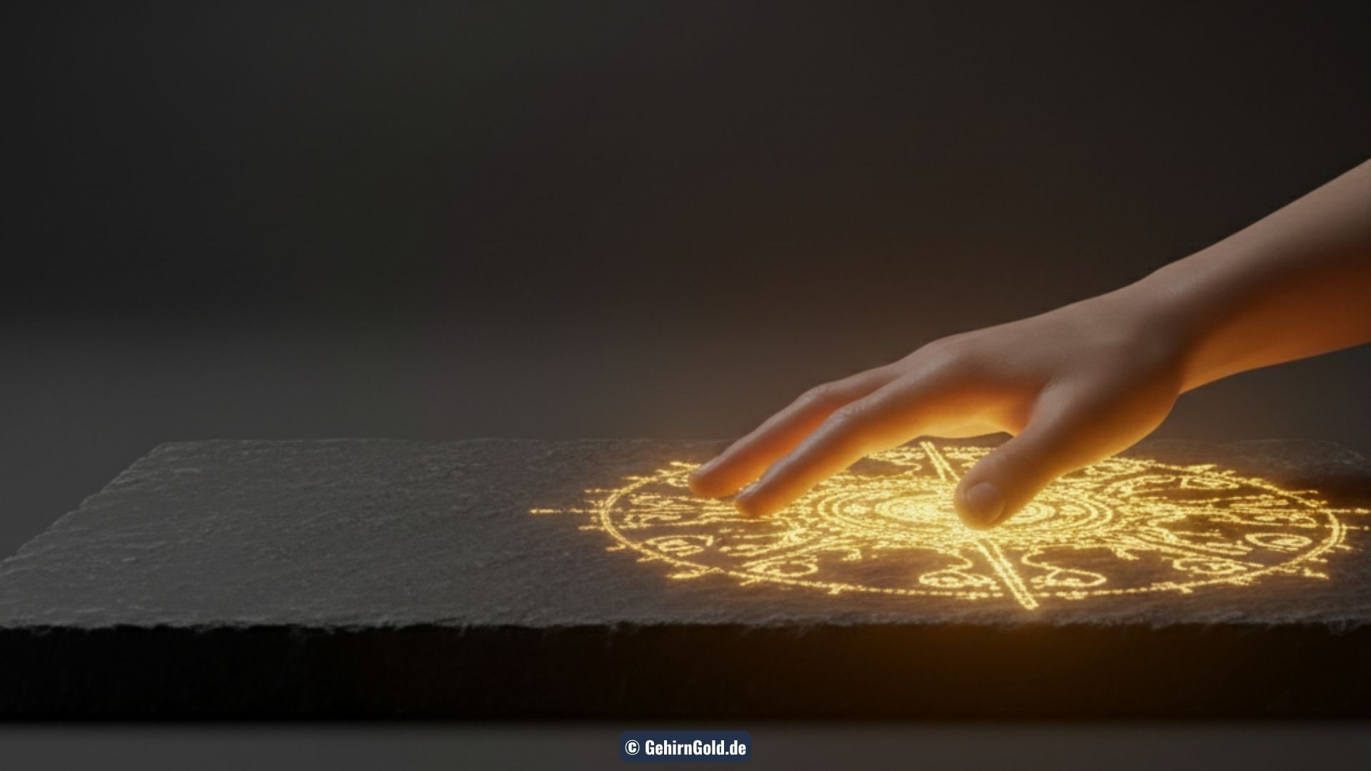 Eine Transformation von einer zögerlichen Hand über einer leeren Steintafel zu einer entschlossenen Hand, die einen leuchtend goldenen, magischen Pakt besiegelt.