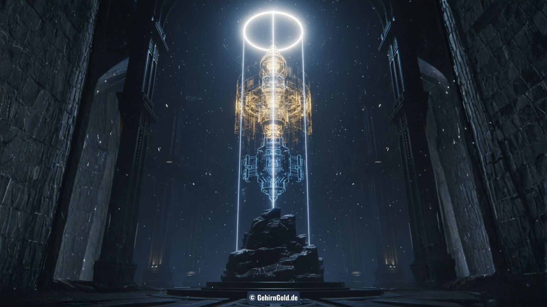 Visualisierung der 4 GG-Wirk-Instanzen: Eine leuchtende Säule aus Energie, Information, Geist und Materie.