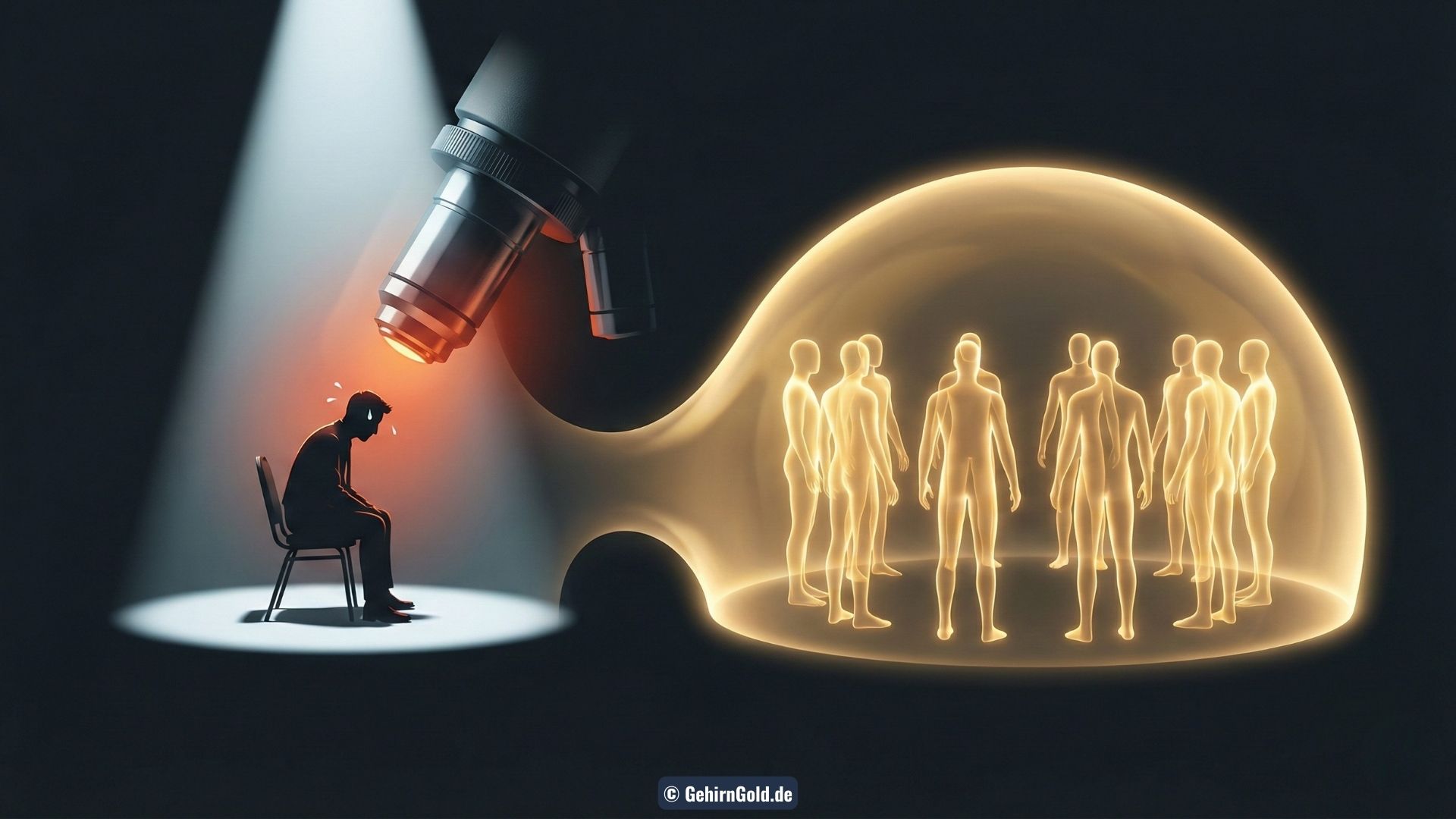 Transformation: Links ein Mann im Scheinwerferlicht eines Verhörs (1:1 Stress). Rechts derselbe Mann entspannt in einem Kreis von Menschen (1:8 Sicherheit).