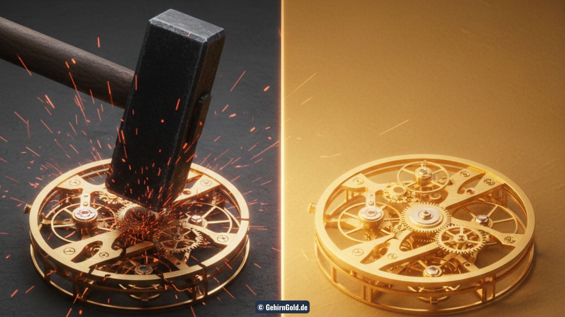 Metapher Maslows Hammer: Ein schwerer Eisenhammer schlägt auf ein filigranes Uhrwerk ein – Symbol für falsche Methoden bei sensiblen Problemen.