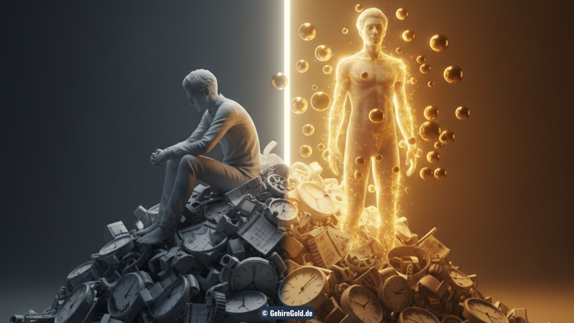 Eine Transformation von einer Person, die erschöpft auf einem Haufen aus Uhren sitzt, zu derselben Person, die kraftvoll von goldenen Energiekugeln umgeben ist.