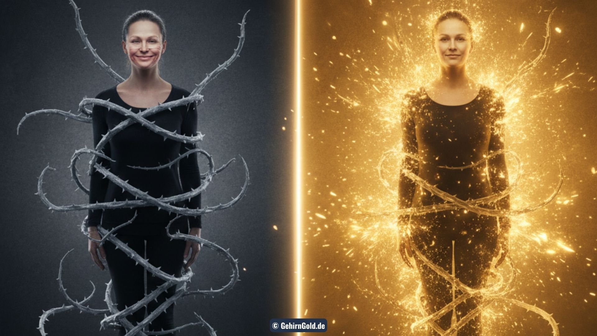 Transformation der Fawn-Response: Eine lächelnde Maske wird von Ranken festgehalten (Zwang), wandelt sich zu einer aufrechten, freien Haltung (Souveränität).