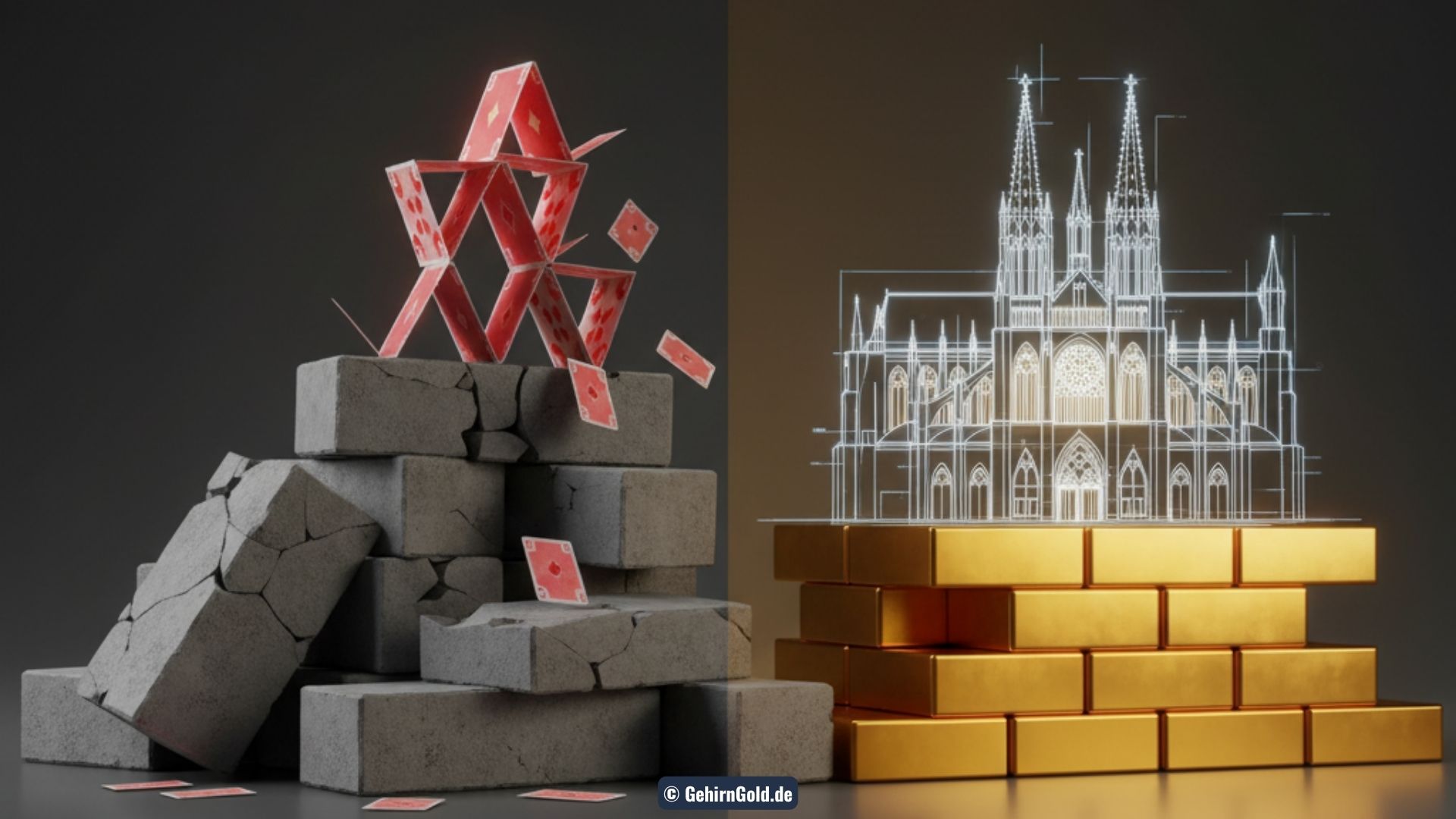 Eine Transformation von einem bröckelnden, rissigen Fundament zu einem unzerstörbaren, goldenen Fundament, auf dem eine Kathedrale entsteht.
