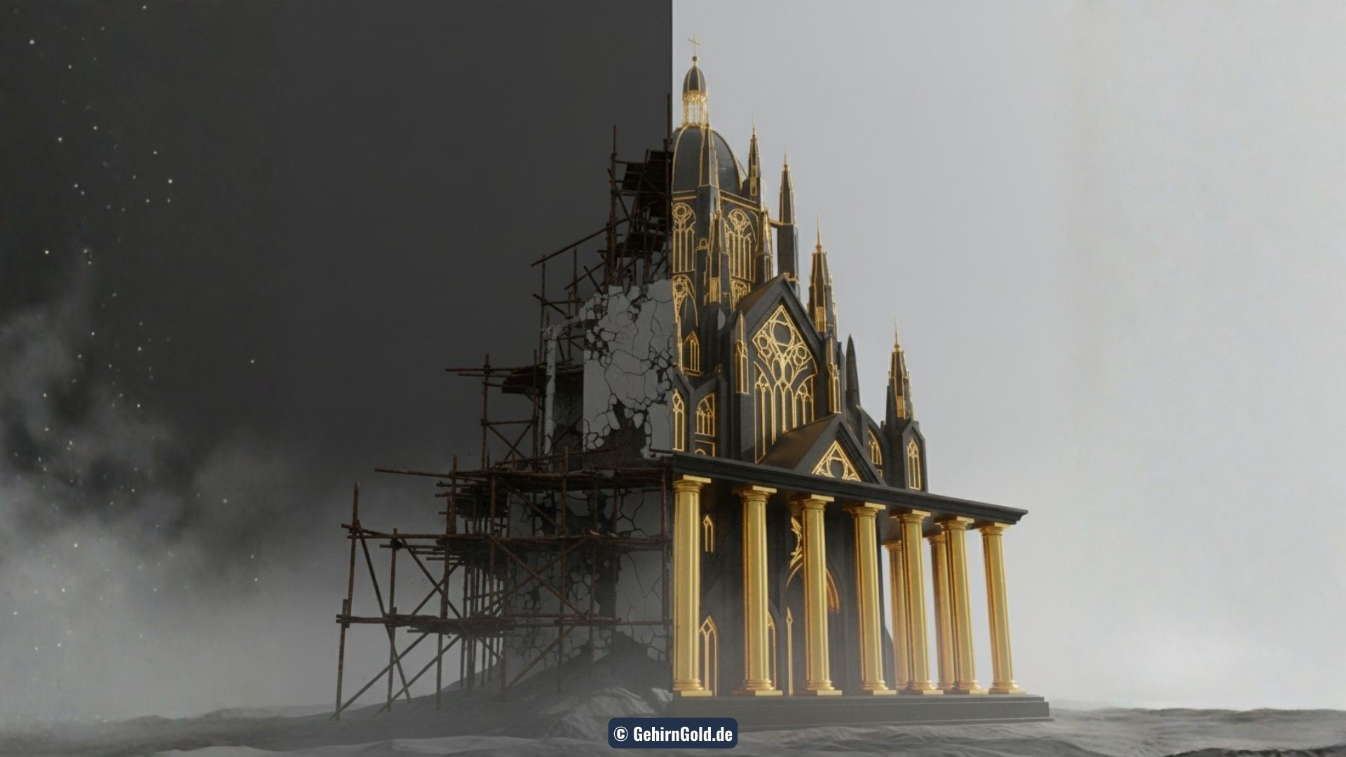 Vergleich: Links ein wackeliges Kartenhaus (Flickwerk), rechts eine stabile, goldene Architektur (Masterplan)