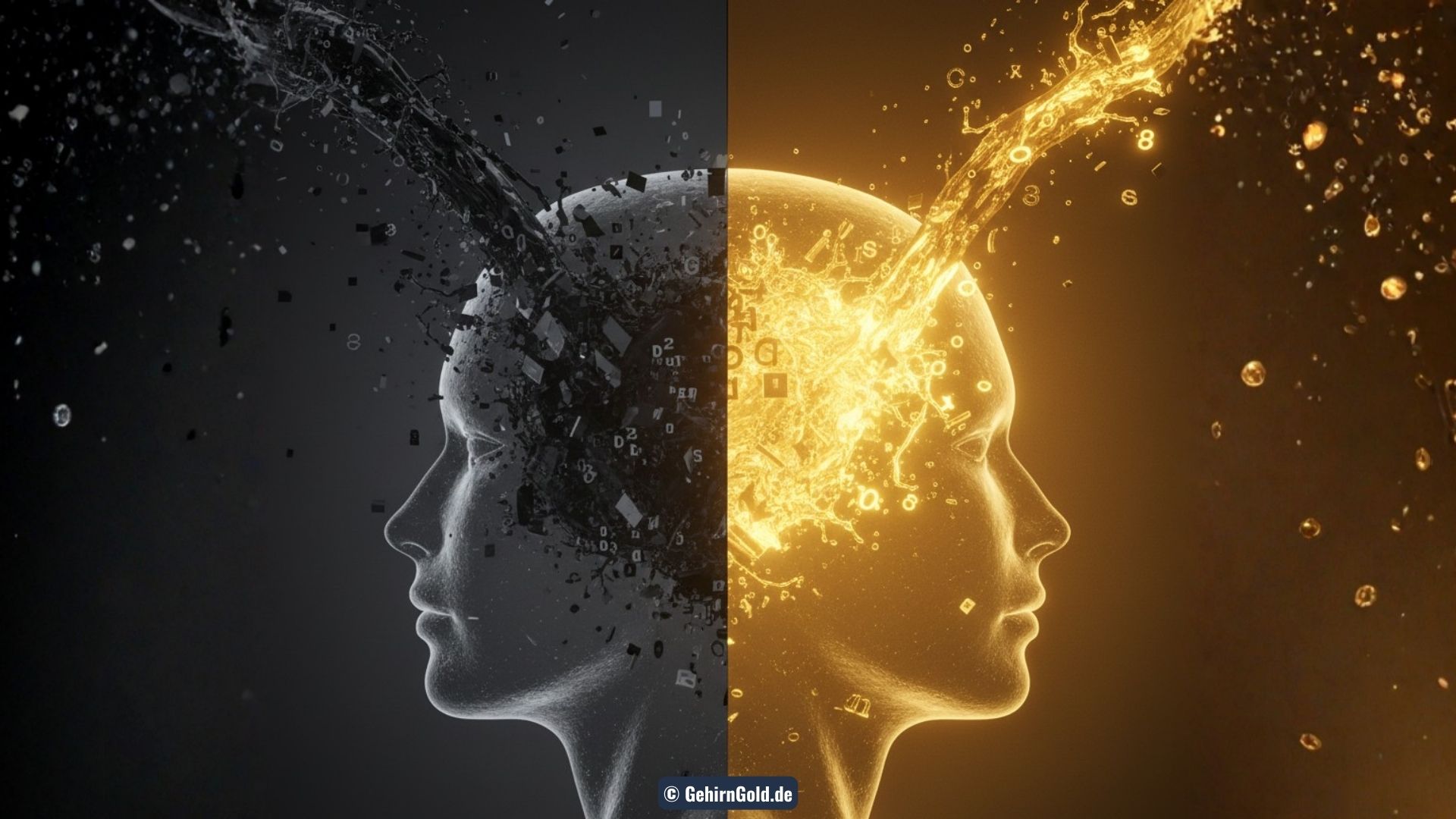 Transformation: Ein dunkler Datenstrom (Müll) fließt in einen Kopf, verwandelt sich rechts in einen goldenen Lichtstrom (GehirnGold).