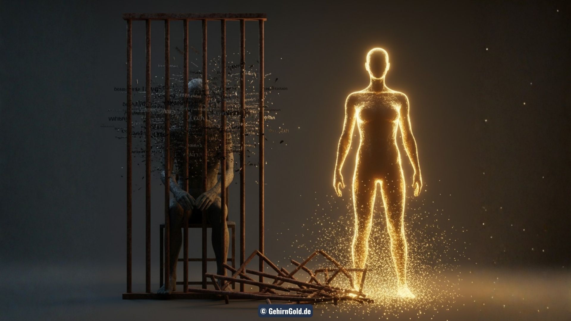 Eine Transformation einer Person, die hinter rostigen Gitterstäben sitzt, zu einer befreiten Person, die in goldenem Licht steht.
