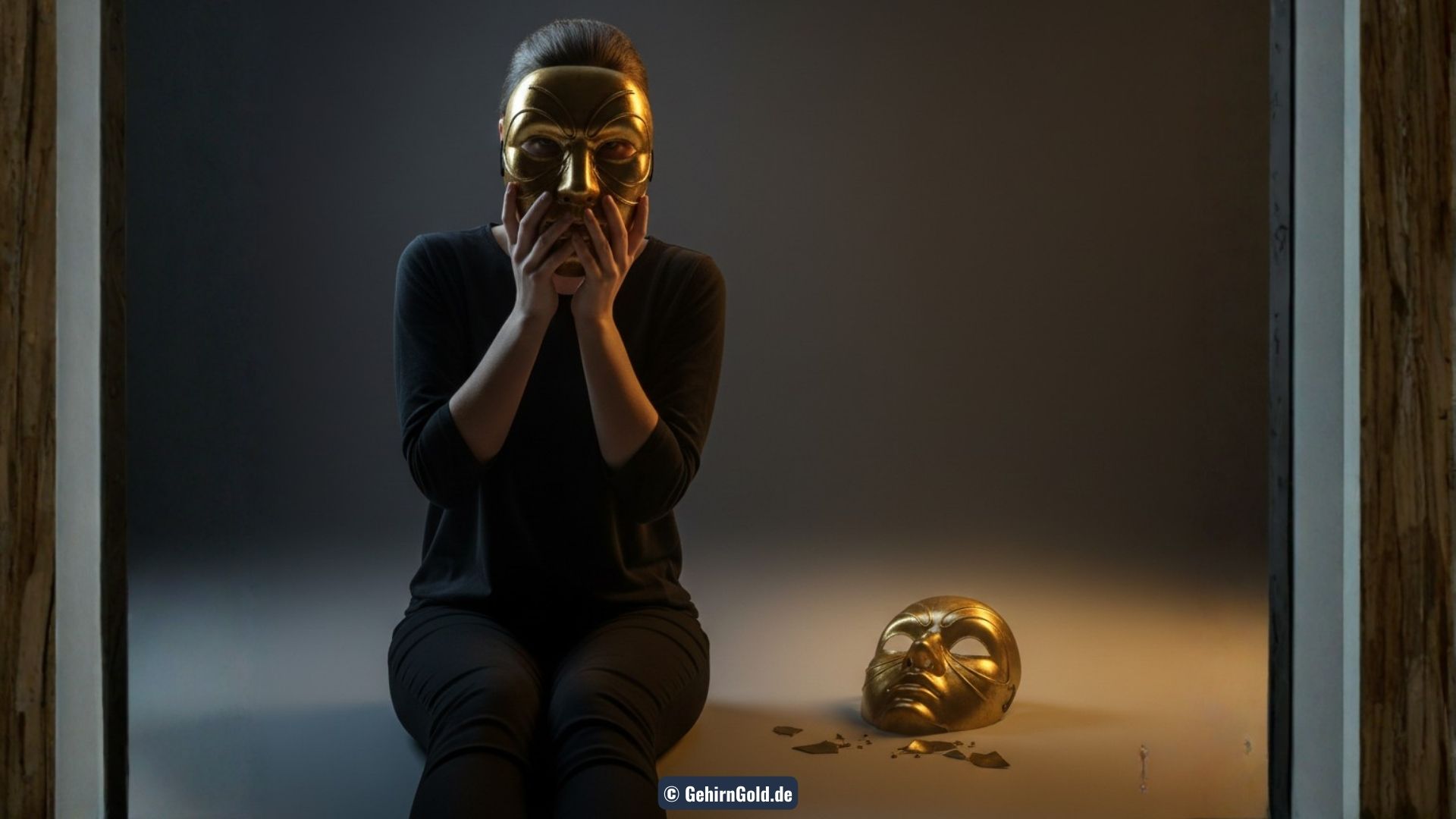 Transformation: Links eine Person, die erschöpft eine schwere, goldene Maske vor das Gesicht hält. Rechts ist die Maske gefallen und die Person atmet frei auf.