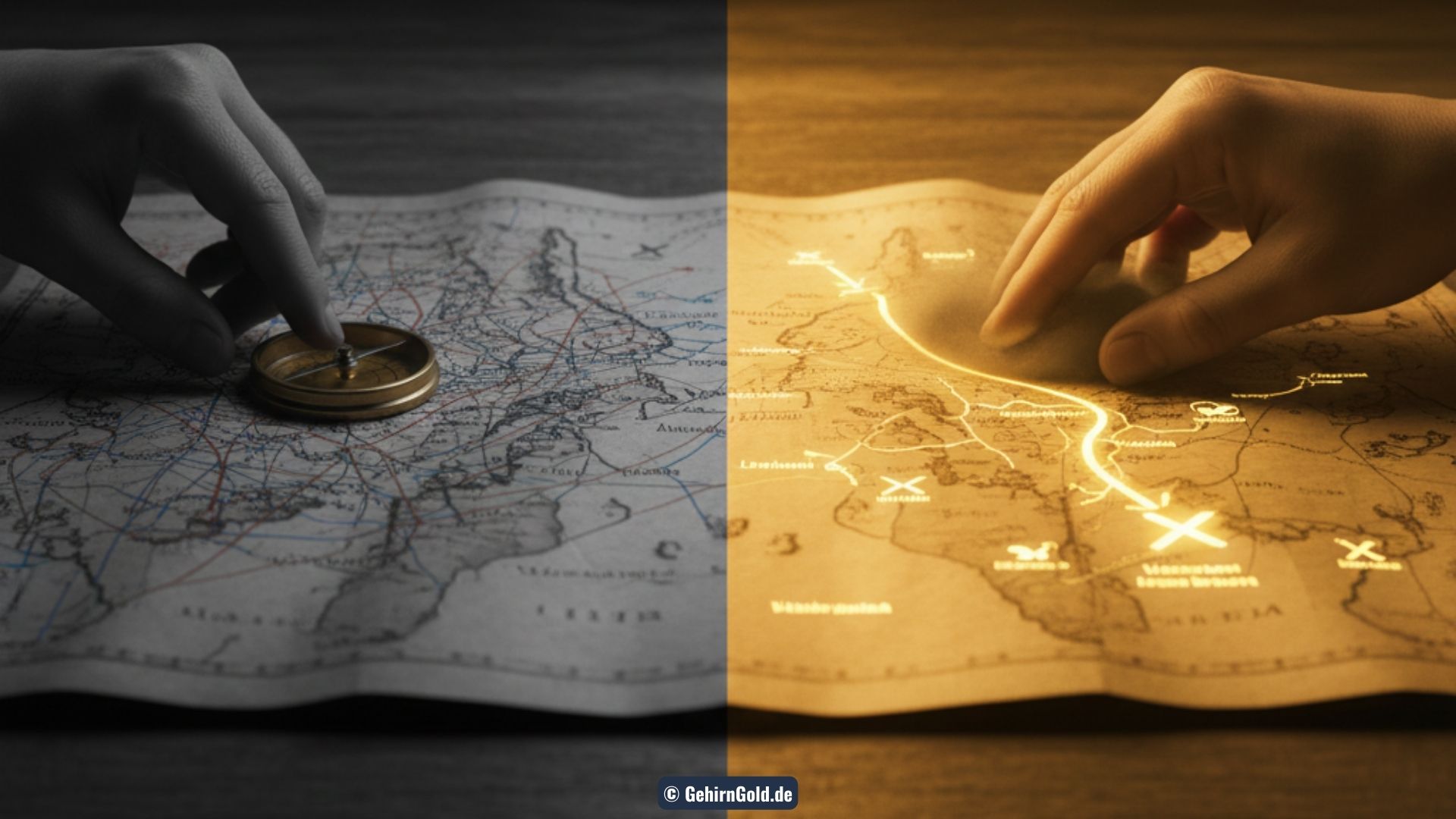 Eine Person, die als psychologischer Archäologe mit Pinsel und Werkzeug eine leuchtend goldene Schatzkarte unter einer Schicht aus Stein freilegt.