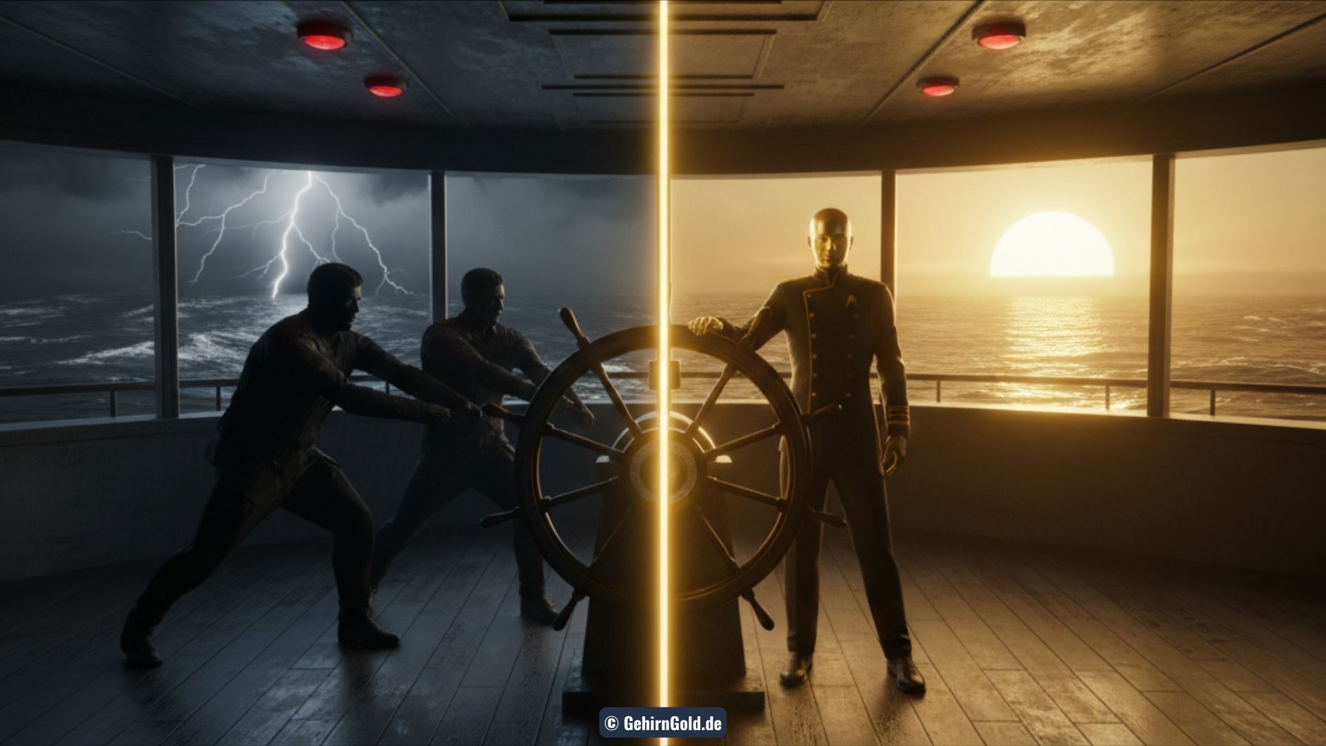Transformation: Links Chaos auf einer Kommandobrücke mit zwei Steuerleuten, rechts souveräner Kapitän auf ruhiger See.