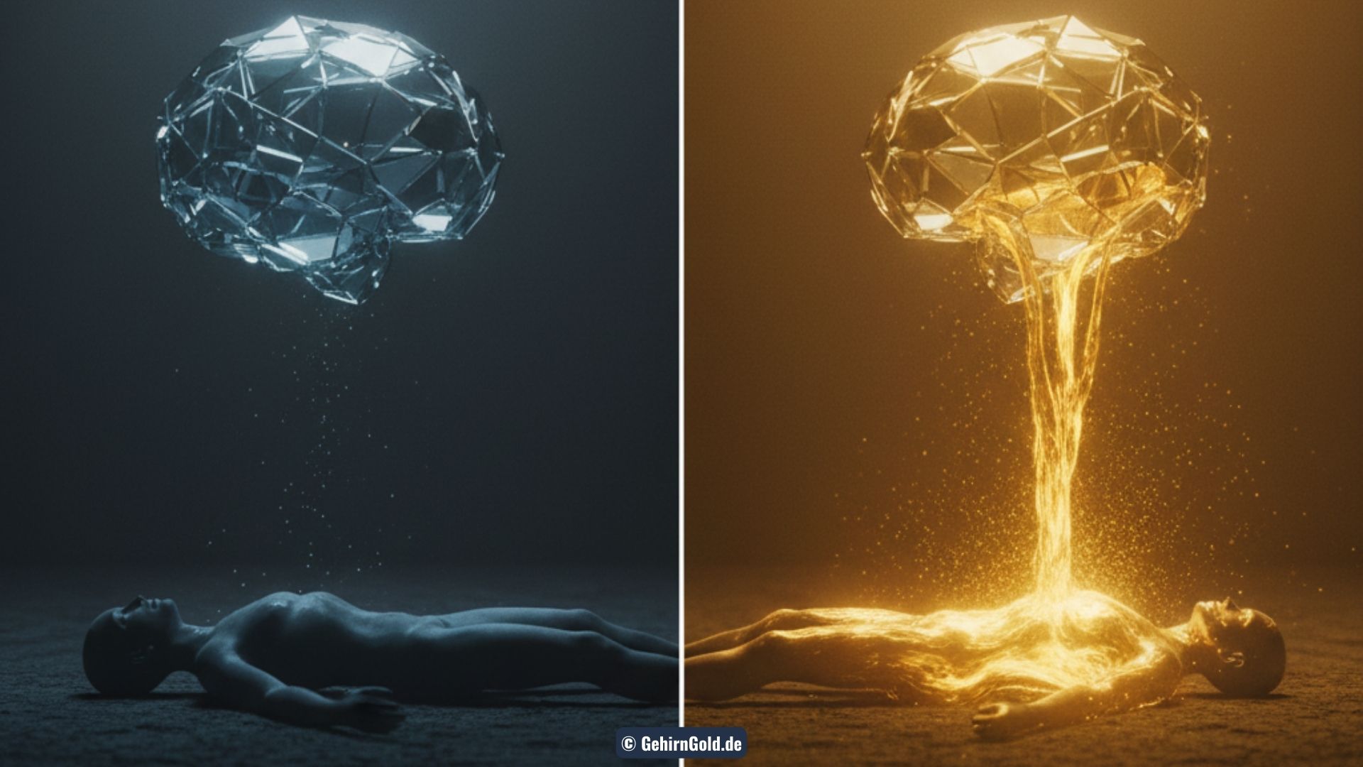 Metapher der Dissoziation: Eine kalte, gläserne Struktur (Verstand) schwebt isoliert über dem Körper, bevor sie schmilzt und sich integriert.