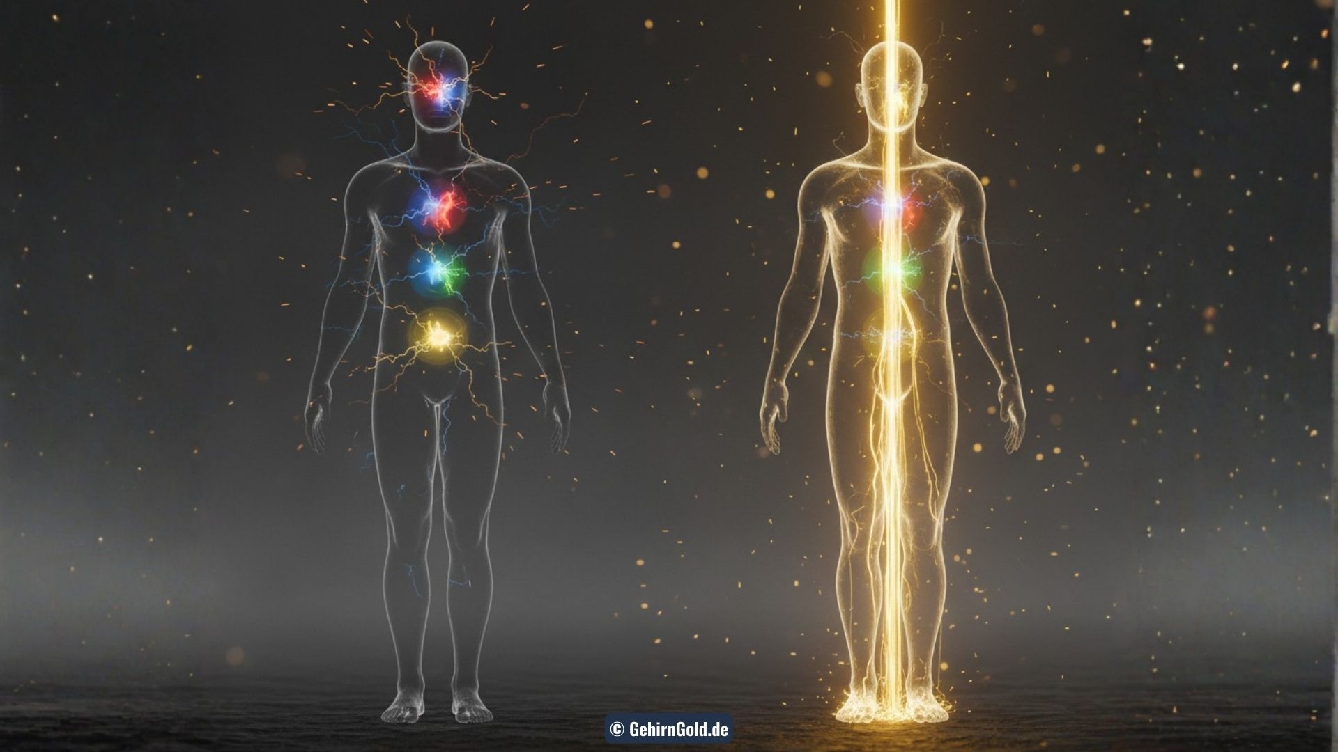 Transformation: Links chaotische Blitze im Körper (Interferenz), rechts ein klarer, goldener Laserstrahl von oben nach unten (Supraleitung).