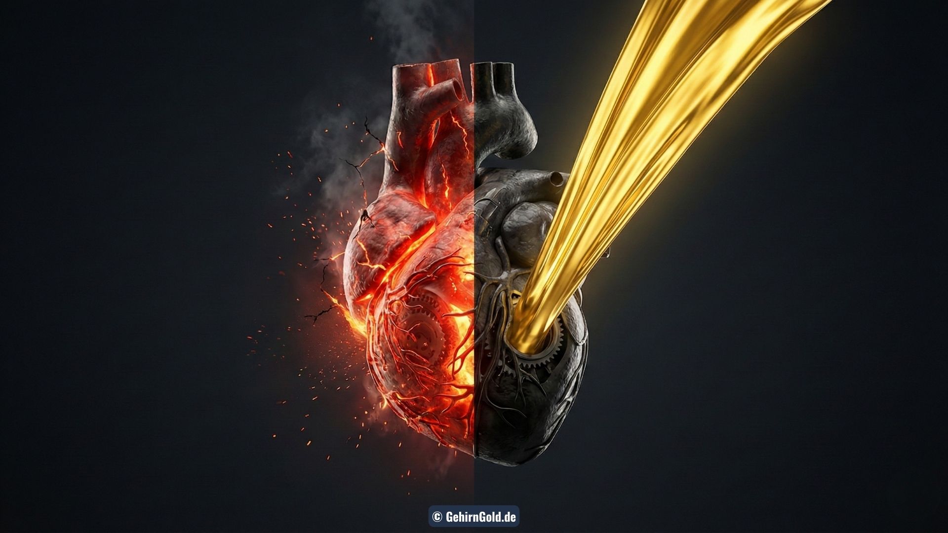 Visualisierung der Jungbrunnen-OP: Ein massiver Damm bricht und setzt einen gewaltigen Strom goldener Energie frei.