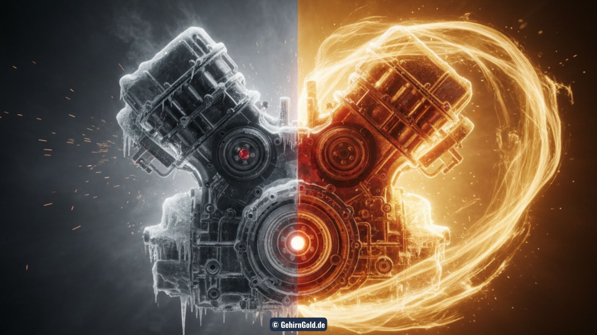 Transformation: Links ein vereister Motor, der stottert (Kaltstart). Rechts ein rotglühender Hochleistungsmotor in goldenem Energiefeld (Immersion).