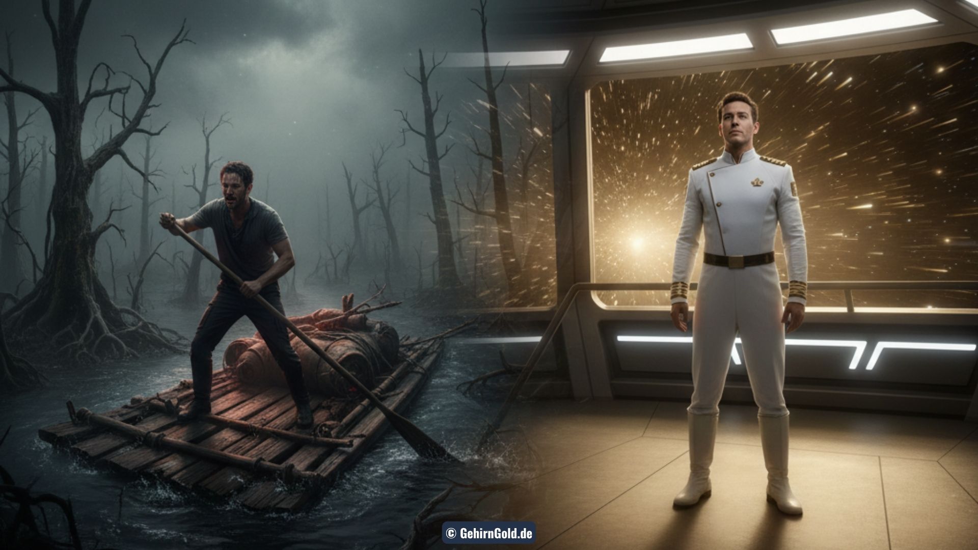 Eine Transformation von einer Person, die ein Floß durch einen Sumpf stakt, zu einem Kapitän, der ein Raumschiff durch ein Sternenfeld steuert.