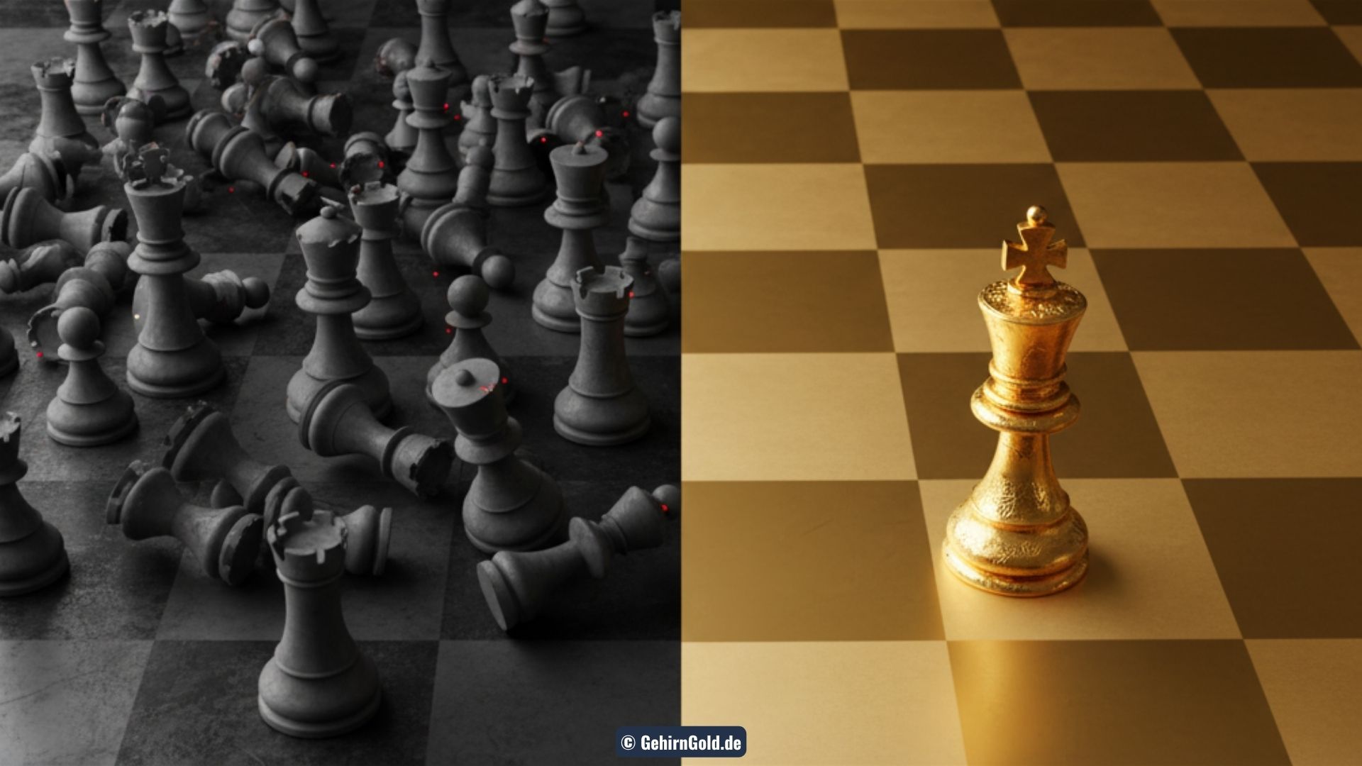 Eine Transformation von einer grauen, anonymen Masse an Spielfiguren zu einer einzigen, strahlend goldenen Königsfigur auf einem eigenen Spielfeld.