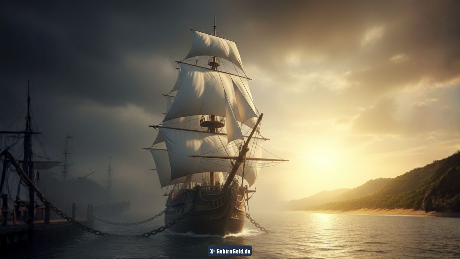 Eine Transformation eines im stürmischen Hafen ankernden Segelschiffs zu einem Schiff, das auf offener See einen neuen, sonnigen Kontinent entdeckt.