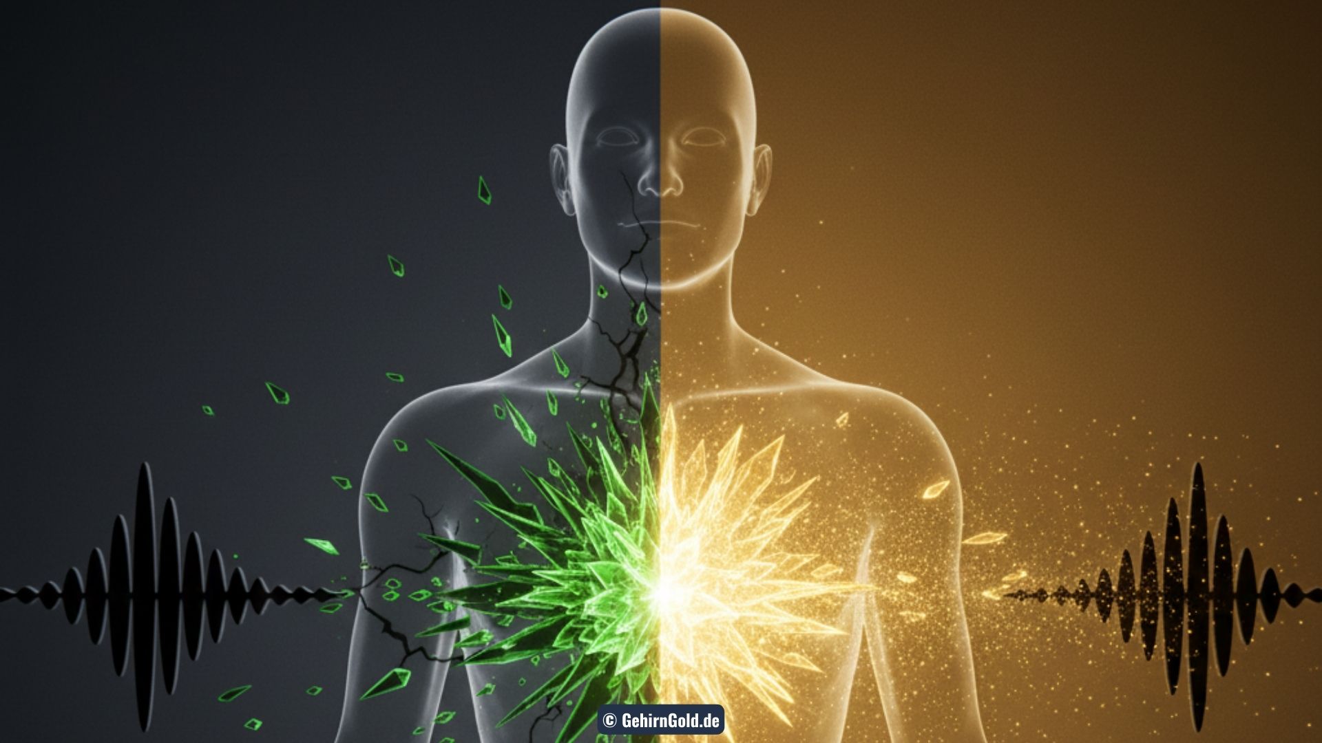 Transformation: Eine schwarze Schallwelle wird im Körper zu grünem Gift (CCK). Rechts neutralisiert ein goldener Filter die Welle.