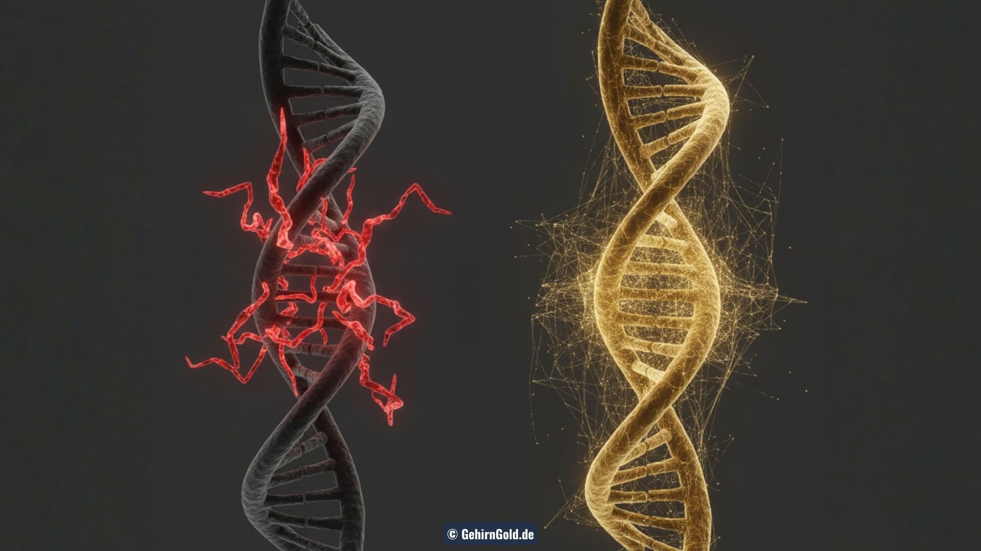 Visualisierung: Stress aktiviert rote Entzündungsmarker in der Zelle, während blaue Schutzschilde (antiviral) deaktiviert werden