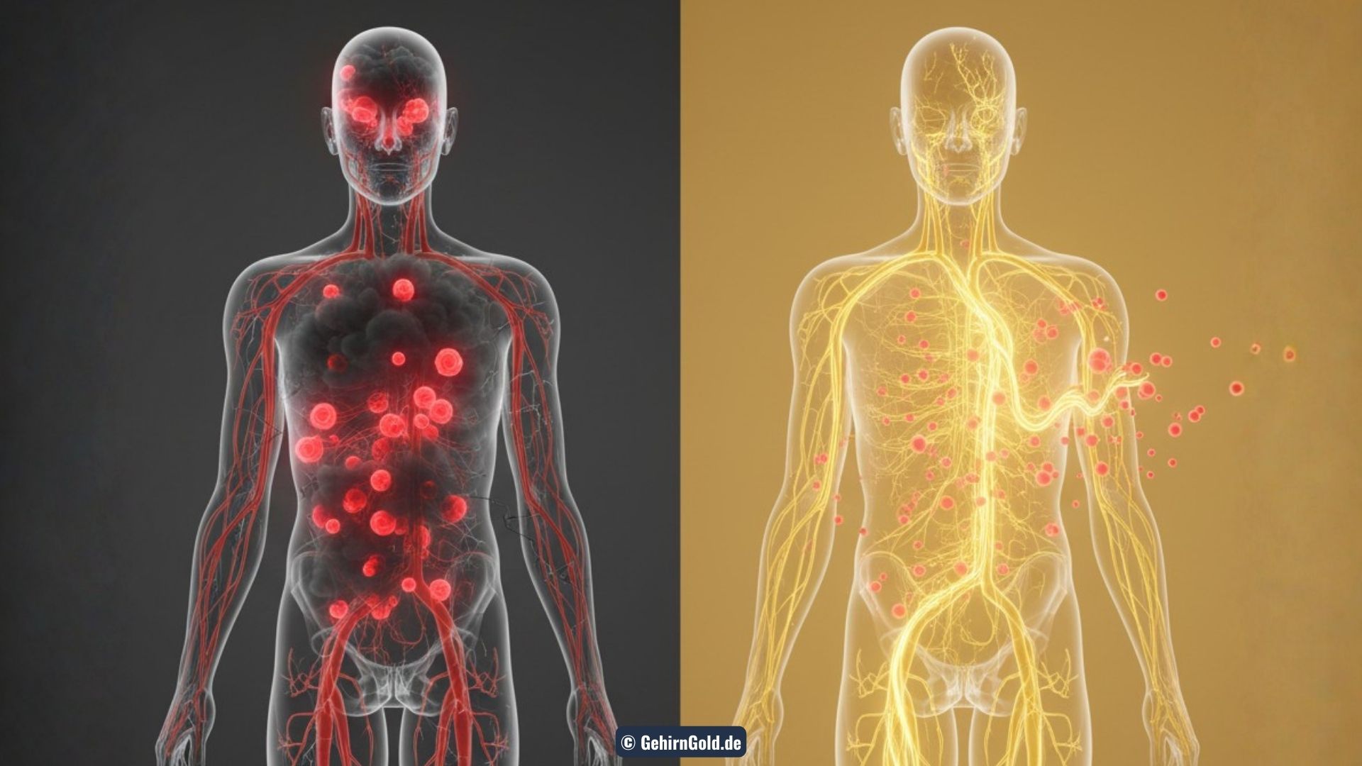 Visualisierung: Ein Mensch, der von einem unsichtbaren Nebel (Zytokine) gelähmt wird, obwohl keine äußere Wunde sichtbar ist