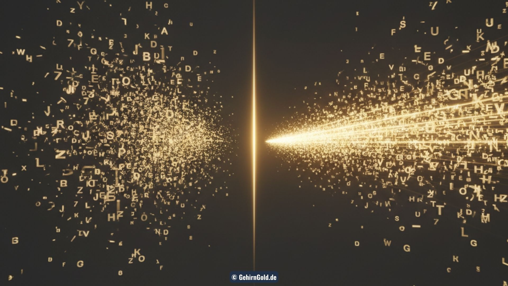 Transformation: Links eine chaotische Wolke aus Buchstaben, rechts ordnen sie sich zu einem massiven, goldenen Laserstrahl.