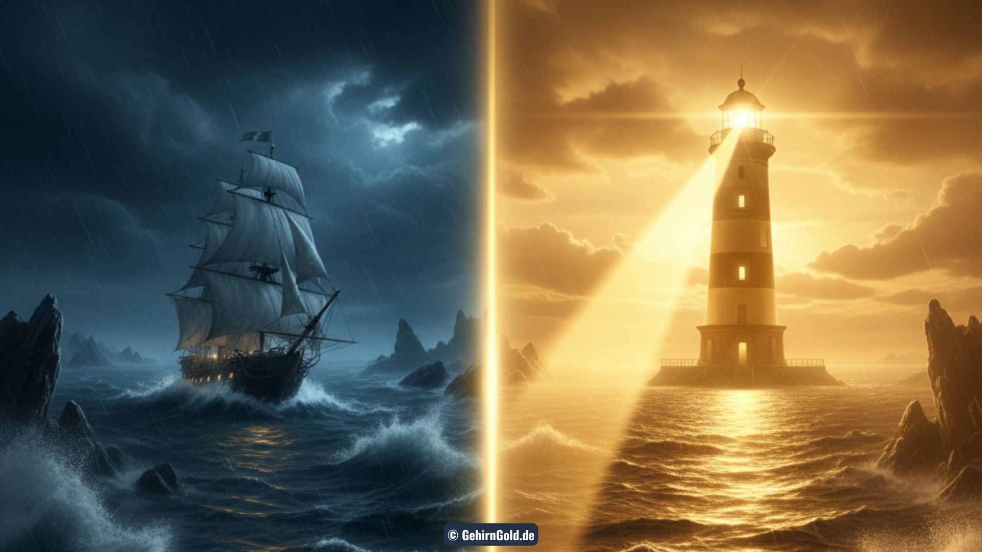Transformation: Ein Schiff, das im Sturm orientierungslos kreist, fährt plötzlich geradlinig auf einen goldenen Leuchtturm zu.