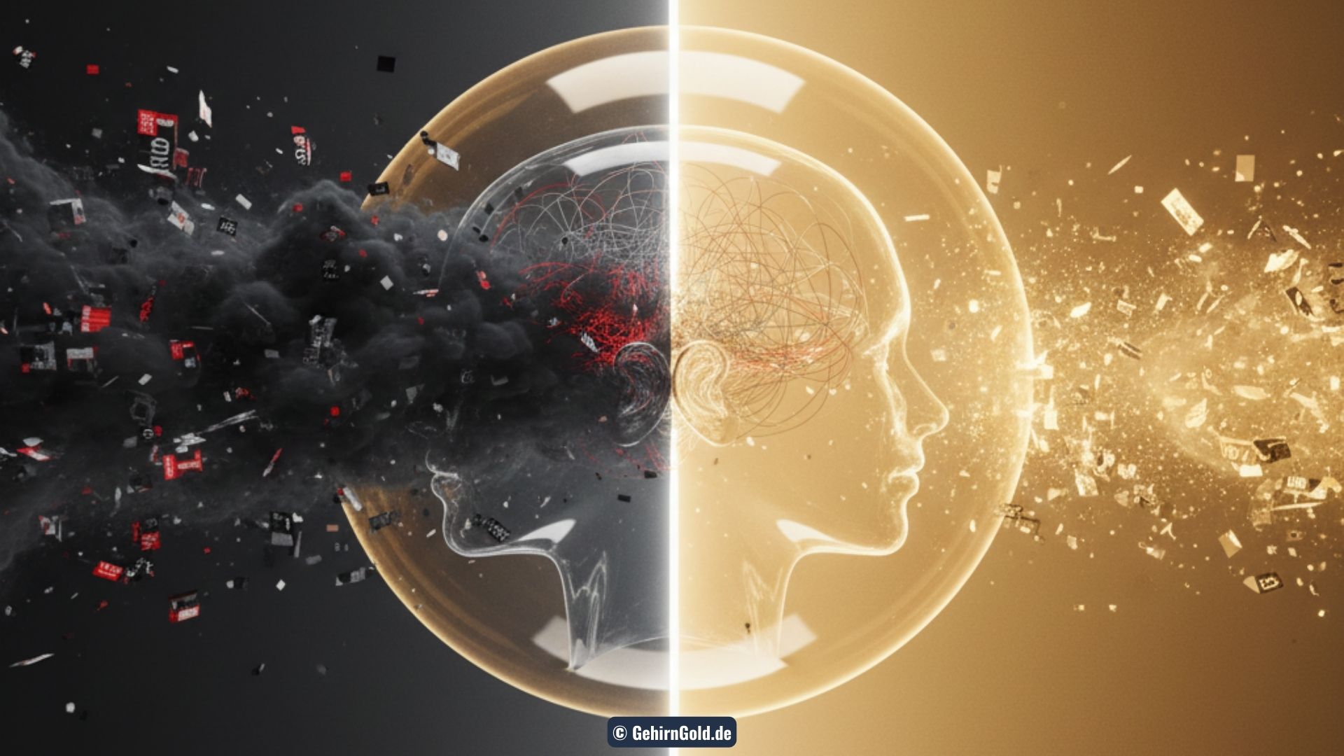 Transformation: Links dringt schwarzer Nebel (Entropie) in einen Kopf ein. Rechts schützt eine goldene GehirnGold®-Bubble.