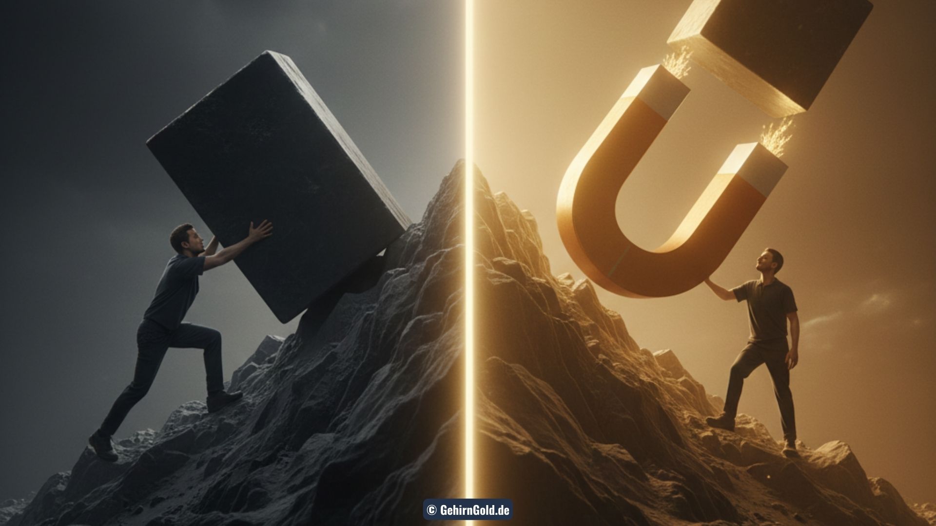 Transformation: Links schiebt jemand mühsam eine Last den Berg hoch (Motivation). Rechts wird die Last von einem riesigen Magneten gezogen (Sog).