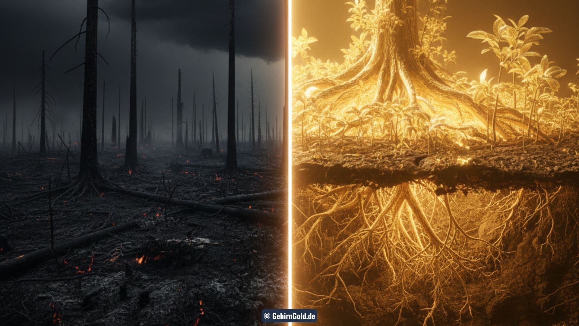 Visualisierung: Ein leuchtendes neuronales Netzwerk (Myzel), das unter der Oberfläche wächst und Stürmen standhält