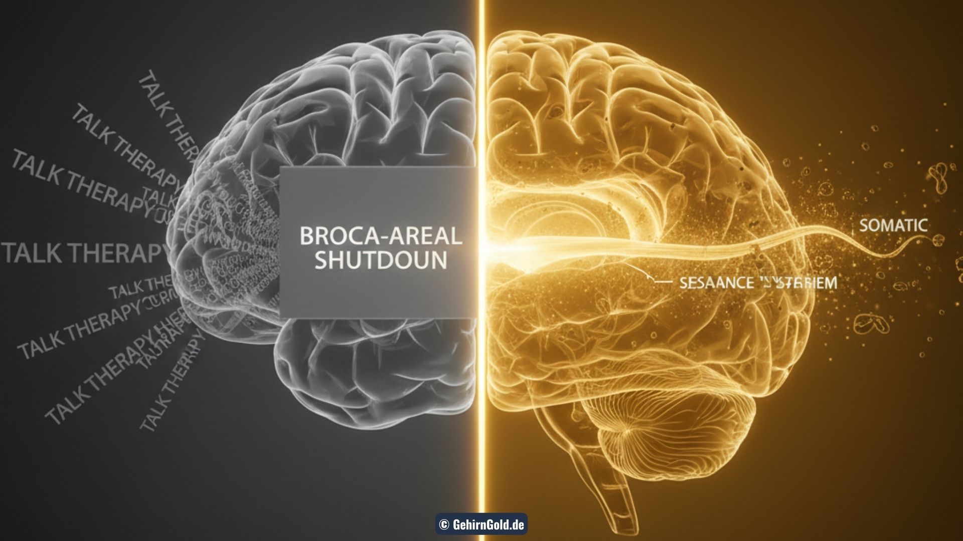 Transformation: Links prallen Worte an einer Mauer im Gehirn ab (Broca-Shutdown), rechts dringt ein goldener Energiestrom tief in das limbische System ein.