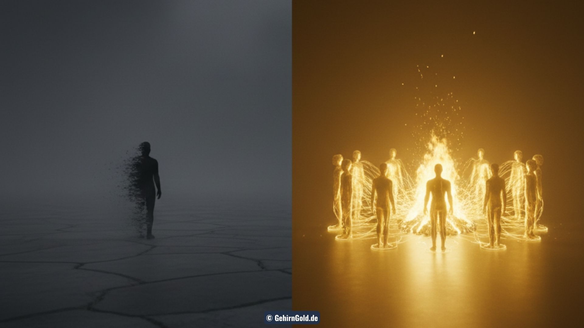 Transformation: Links ein einsamer Wolf in der Eiswüste (Isolation). Rechts ein leuchtender Kreis von Menschen, verbunden durch goldene Energie (Ökosystem).