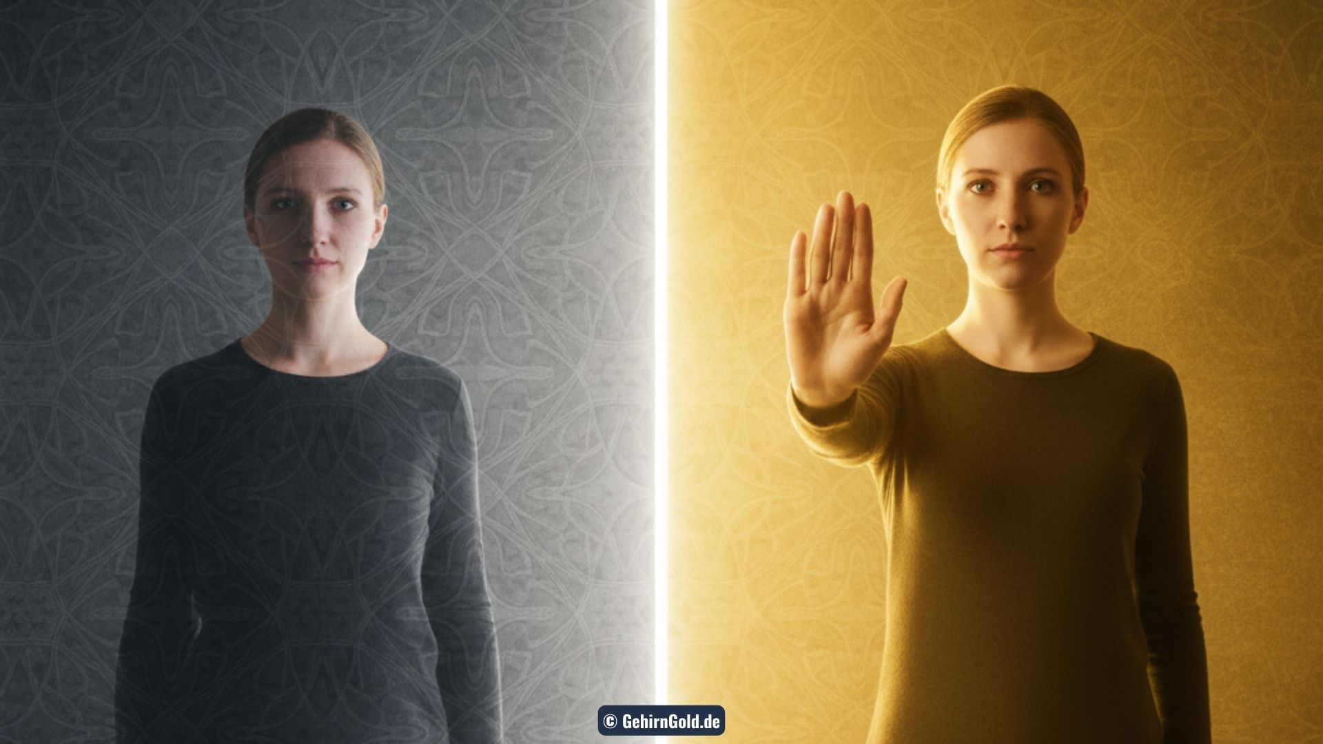 Transformation: Links eine Person, die transparent mit der Tapete verschmilzt (People Pleasing). Rechts steht sie solide da und zeigt eine Stopp-Geste (Grenzen).