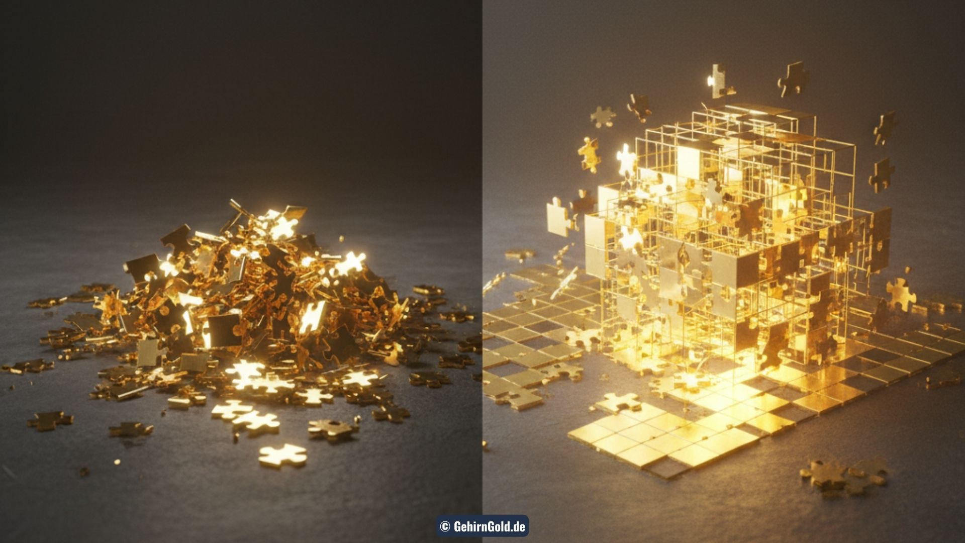 Transformation: Links ein chaotischer Haufen goldener Fragmente, rechts fügen sie sich zu einem leuchtenden, geometrischen Bauplan zusammen.
