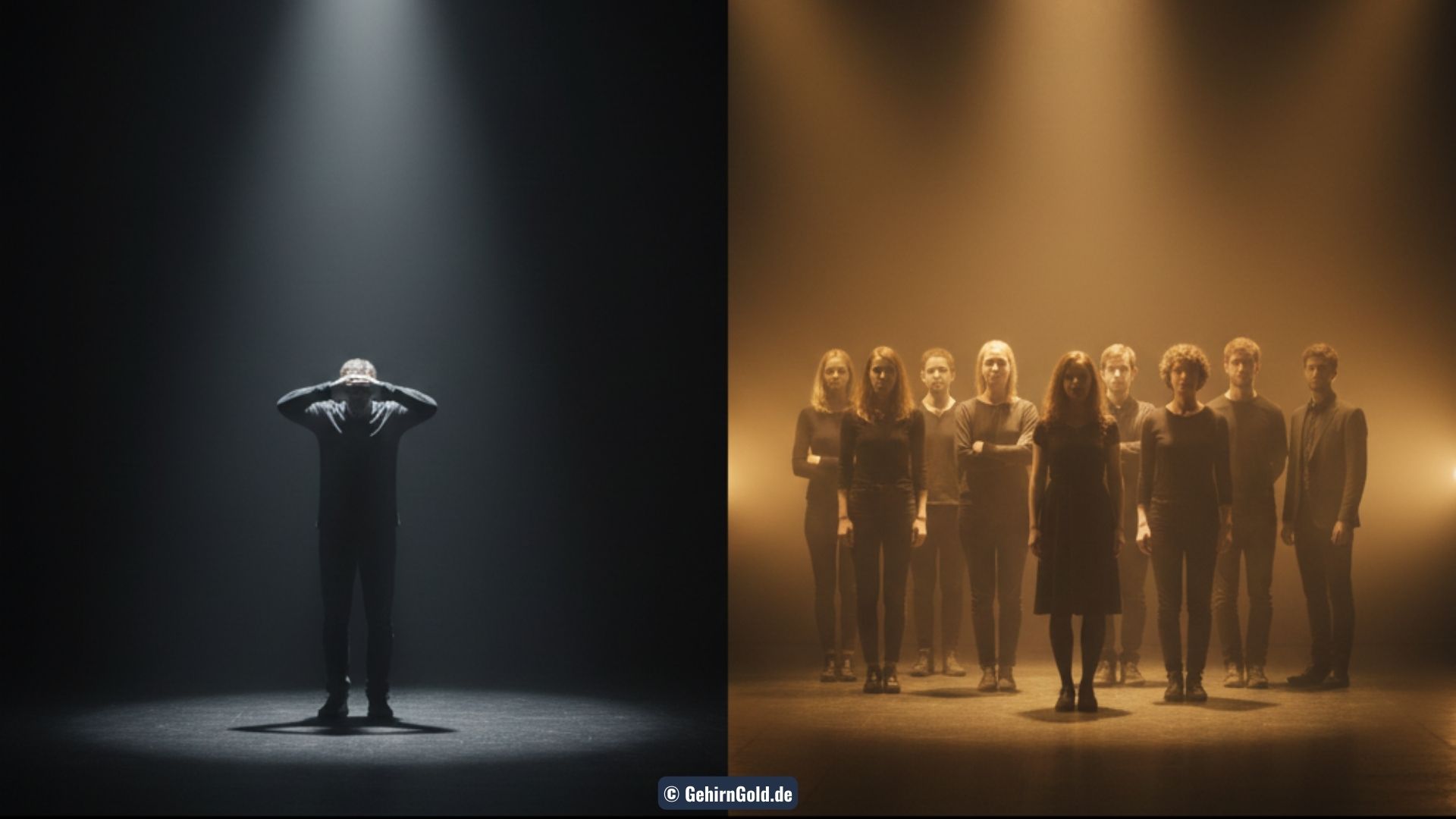 Transformation: Links eine Person isoliert im grellen Scheinwerferlicht (Stress). Rechts eine Gruppe in entspanntem, diffusem Licht (Sicherheit).