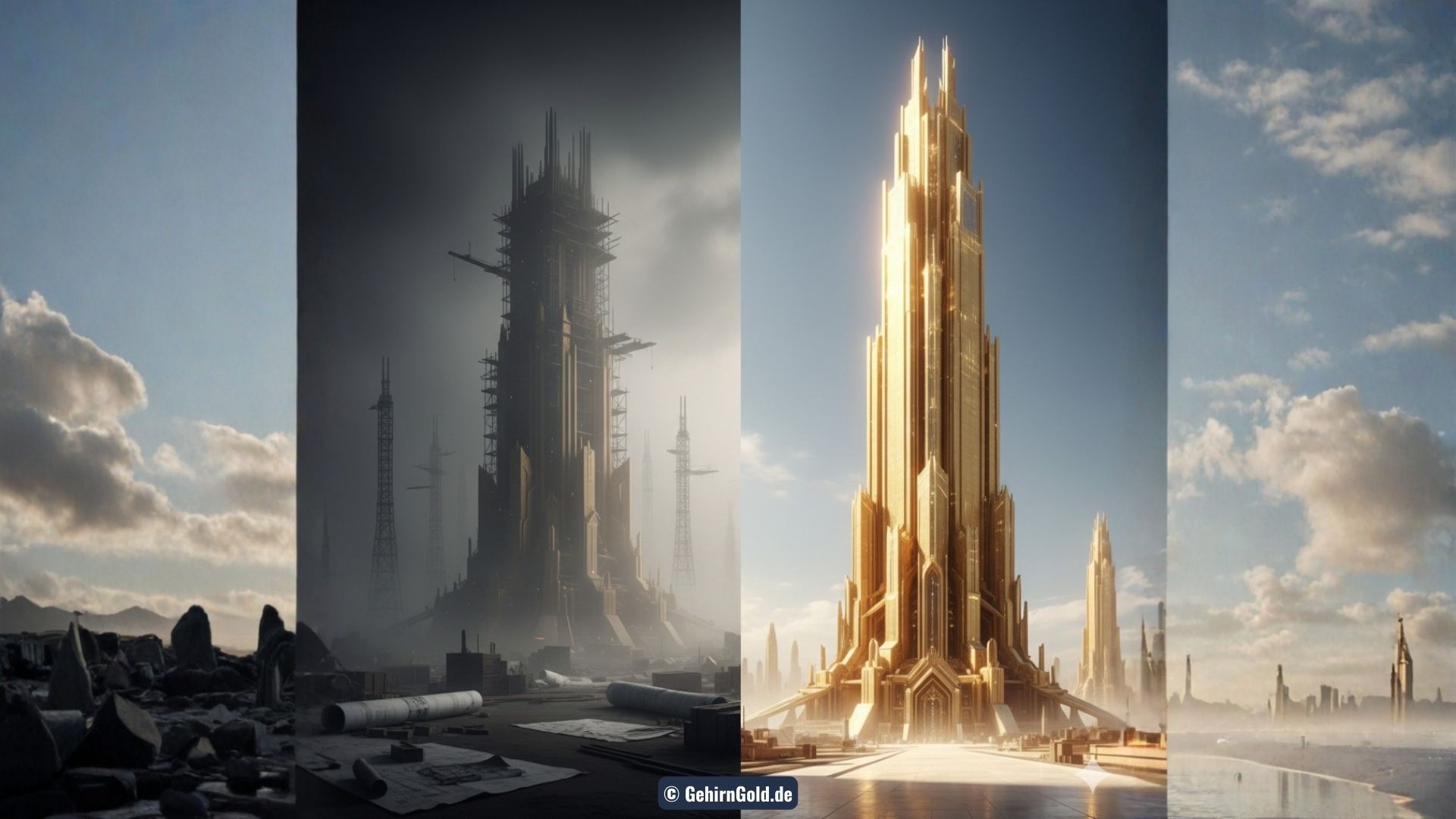 Transformation: Eine Baustelle im Nebel verwandelt sich in einen fertiggestellten, goldenen Wolkenkratzer.